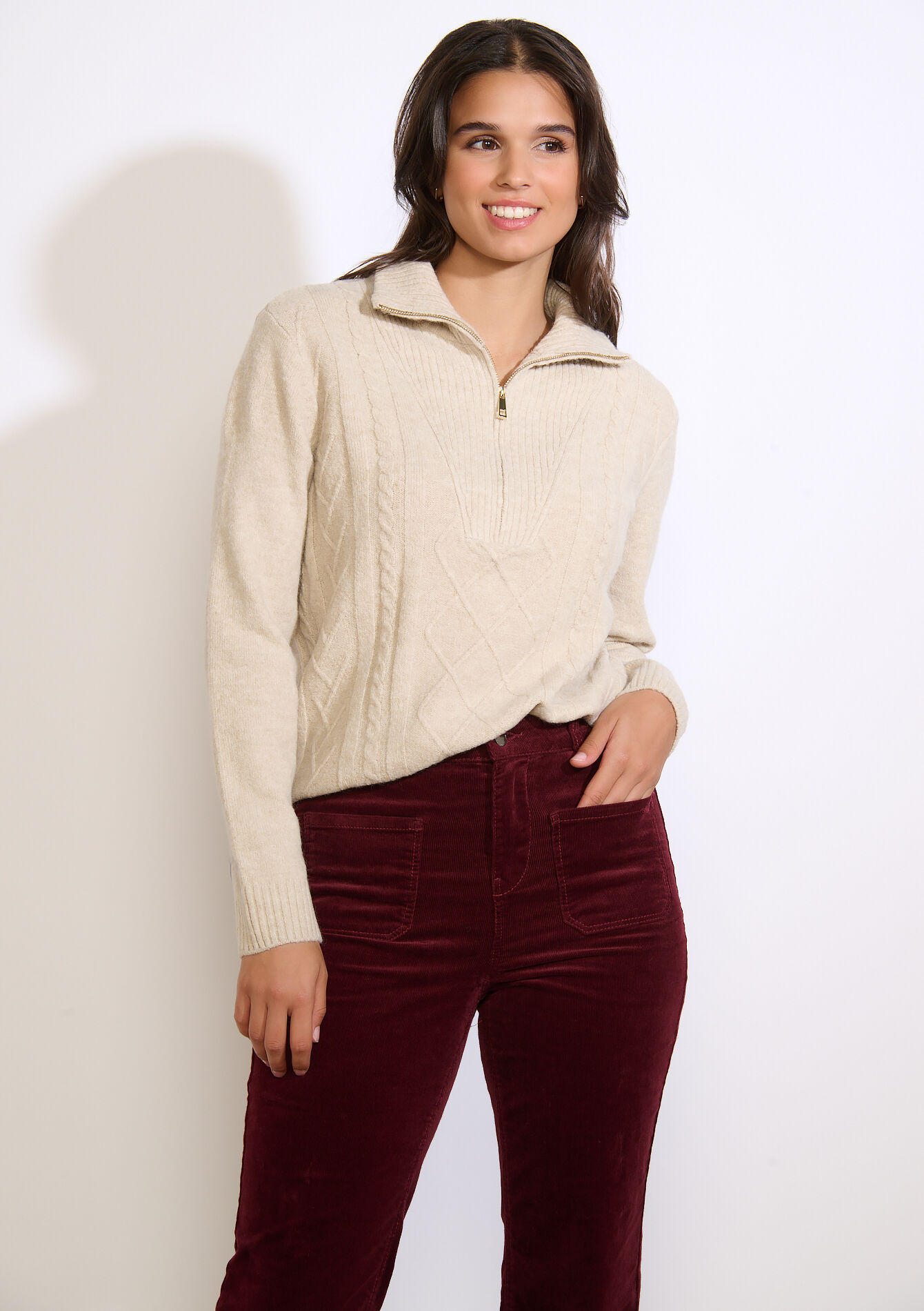 Gebreide trui met rits - LT BEIGE - 04006945