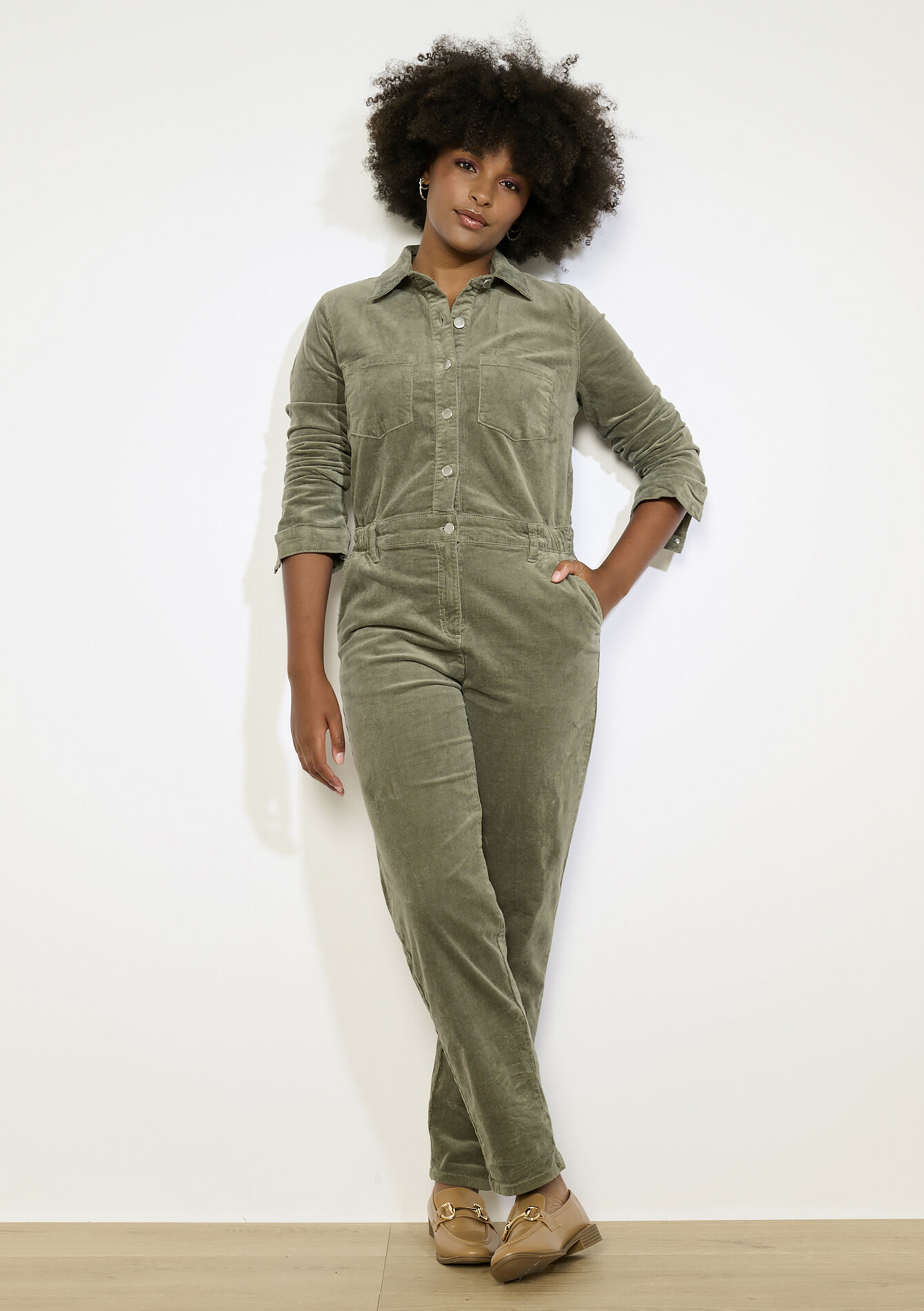 Velours jumpsuit met knopen, Velours jumpsuit met knopen - KHAKI FADED - 06004614_4326