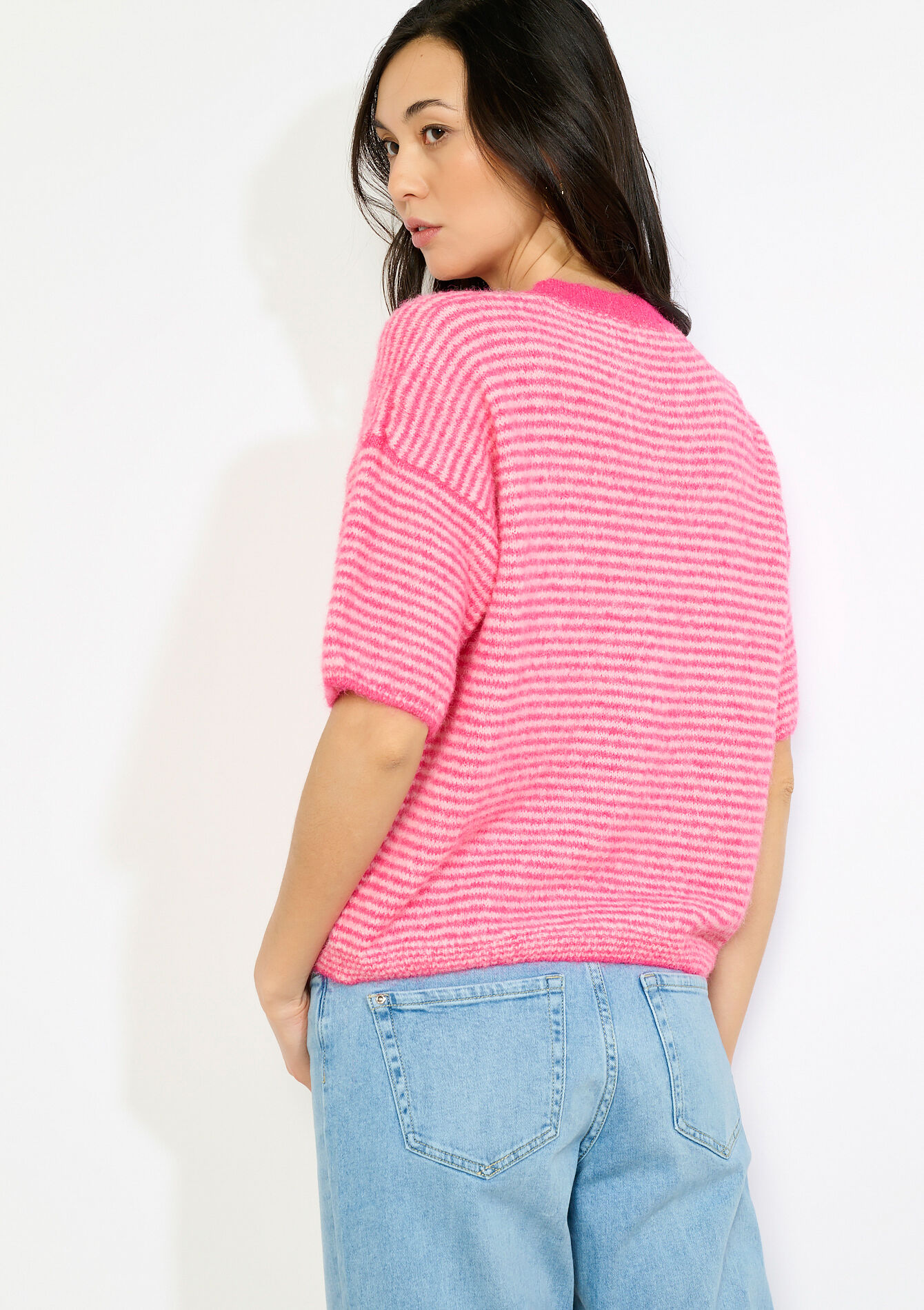 Pull rayé manches courtes - FUCHSIA - 04007224_5626