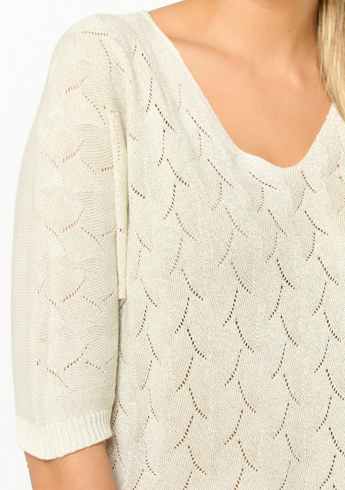 Open-knit pullover with V-neck, Open-knit pullover with V-neck - CHAMPAGNE SAND - 04006483_4007