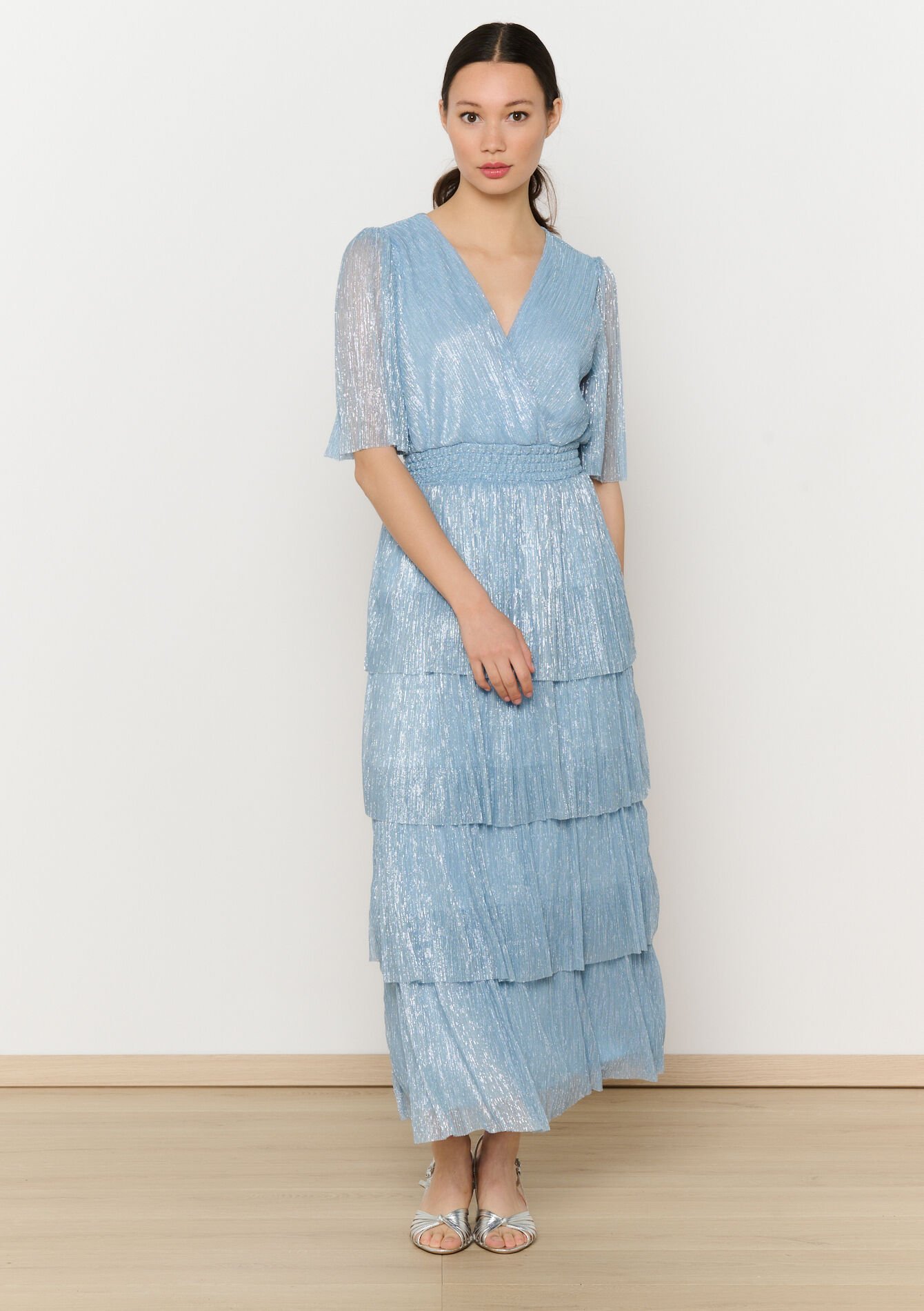 Shiny pleated maxi dress, Shiny pleated maxi dress - BLUE PASTEL - 08104064