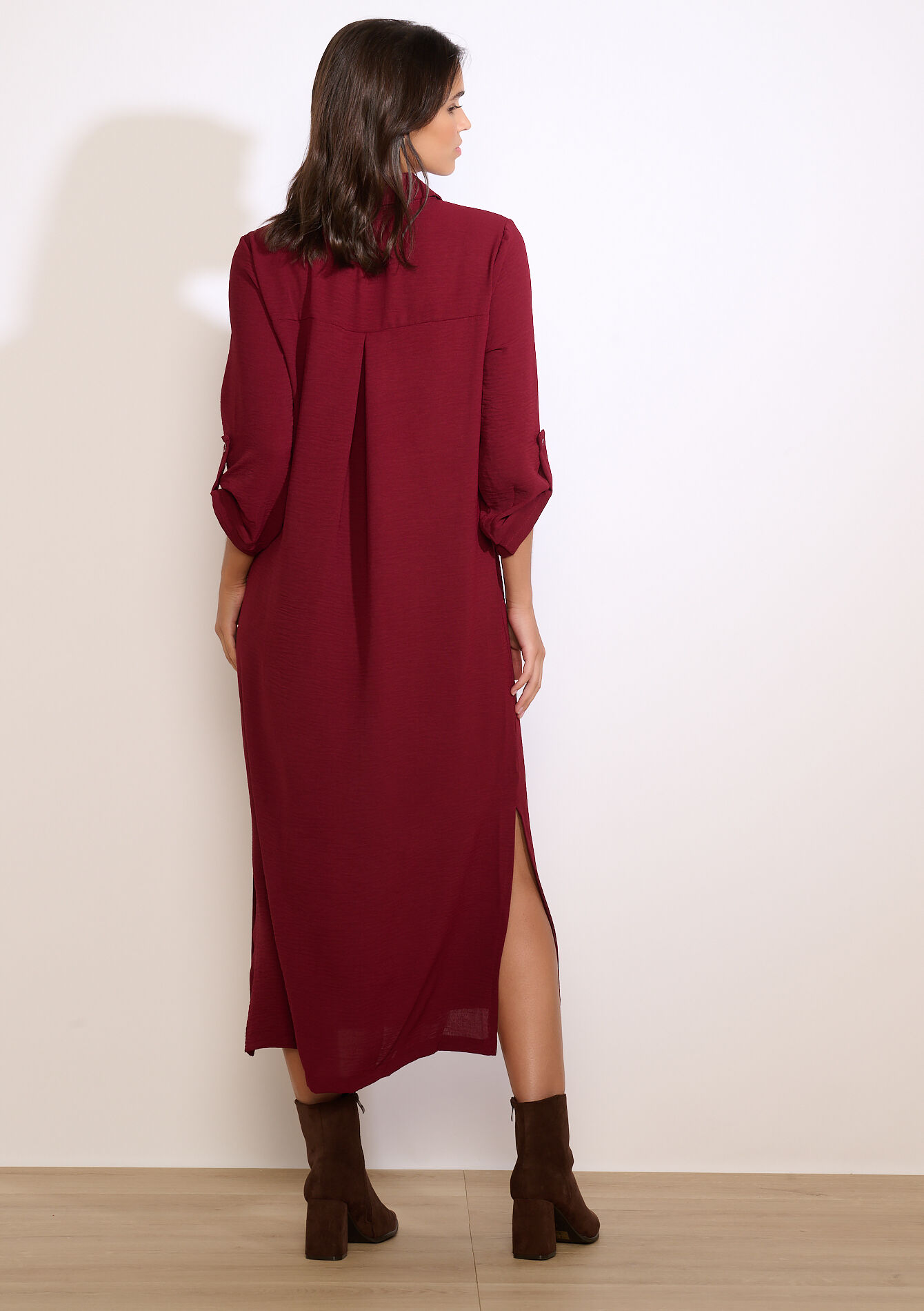 Long slit shirt dress - BORDEAUX WINE - 08104399_5514