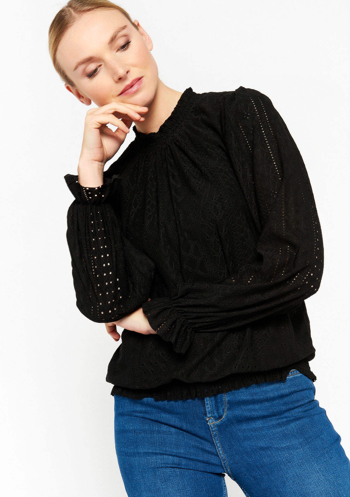 Blouse with broderie anglaise, Blouse with broderie anglaise - BLACK - 02400244_1119