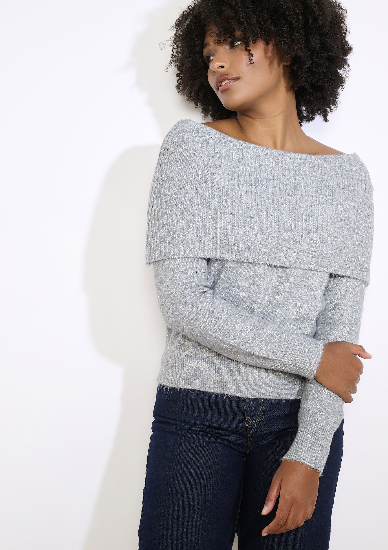 Off-shoulder sequin sweater - GREY MED MEL - 04006933