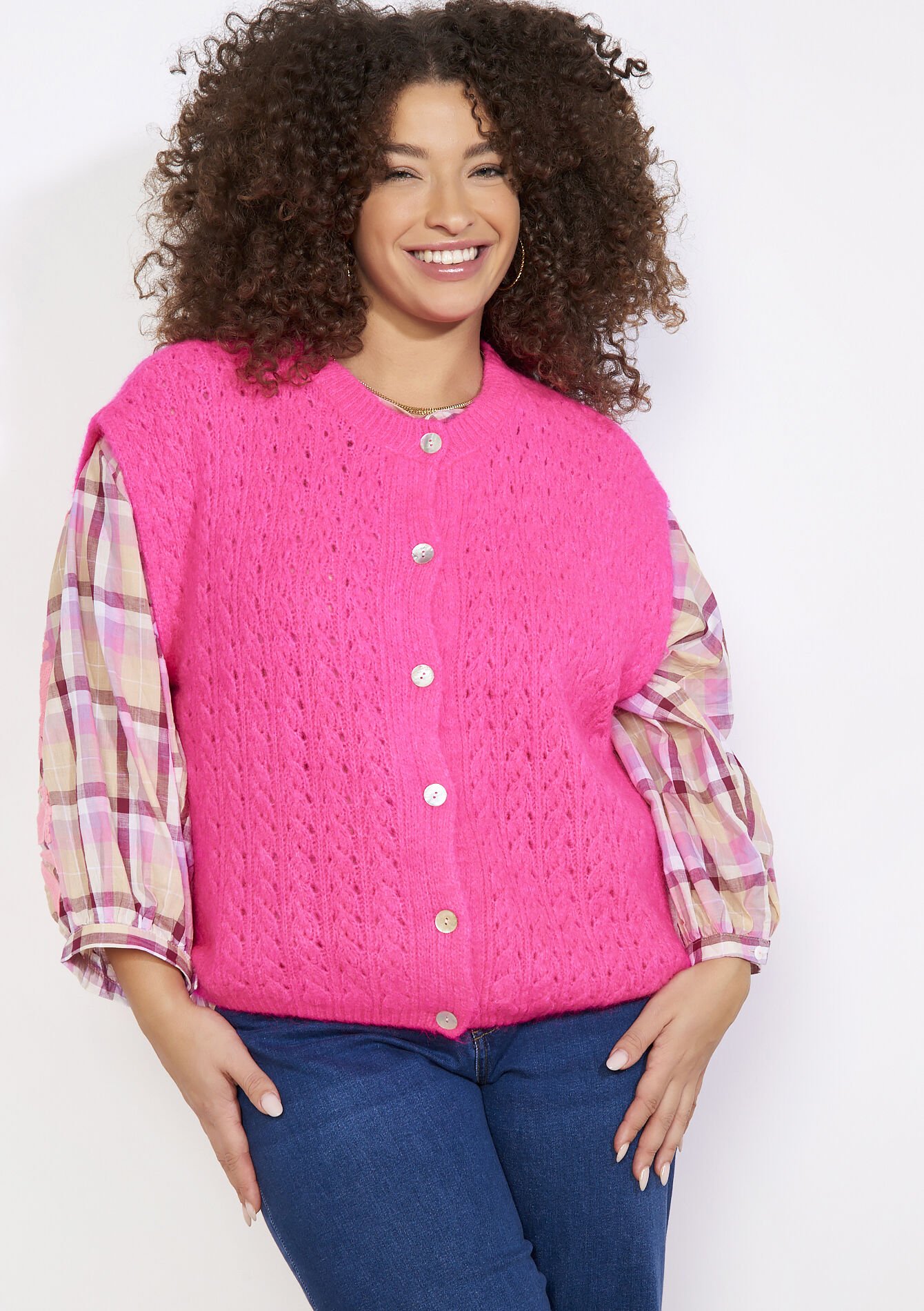 Sleeveless textured cardigan, Sleeveless textured cardigan - FLUO PINK - 04101397_5727