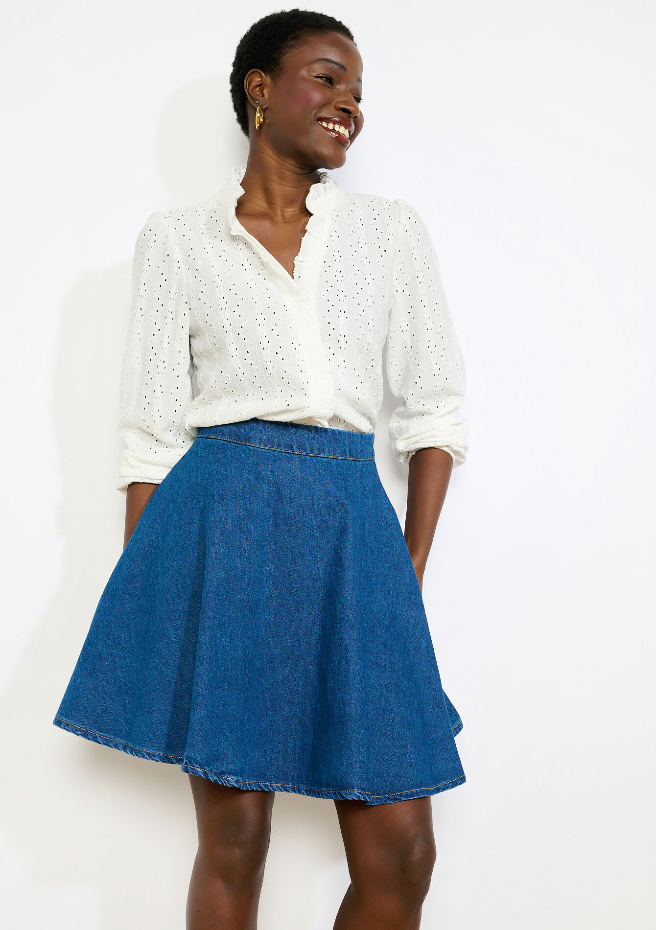 Jupe trapèze en denim, Jupe trapèze en denim - MEDIUM BLUE - 07101481_0500