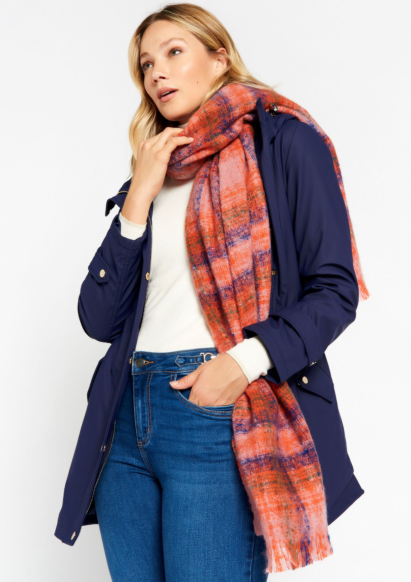 Geruite sjaal met franjes, Geruite sjaal met franjes - ORANGE BRIGHT - 1080196