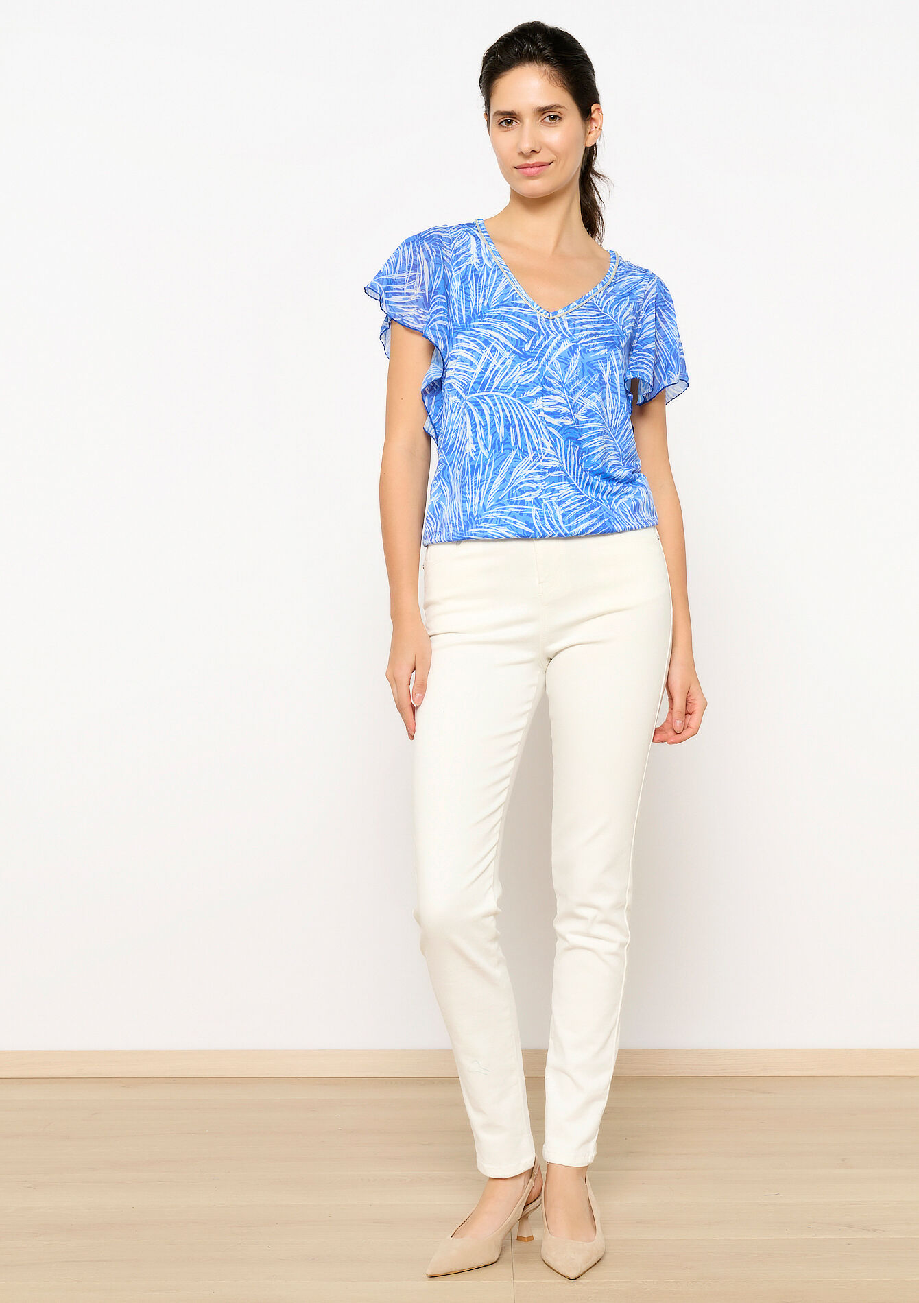 Voile T-shirt met bladerprint - ELECTRIC BLUE - 02301613_1619