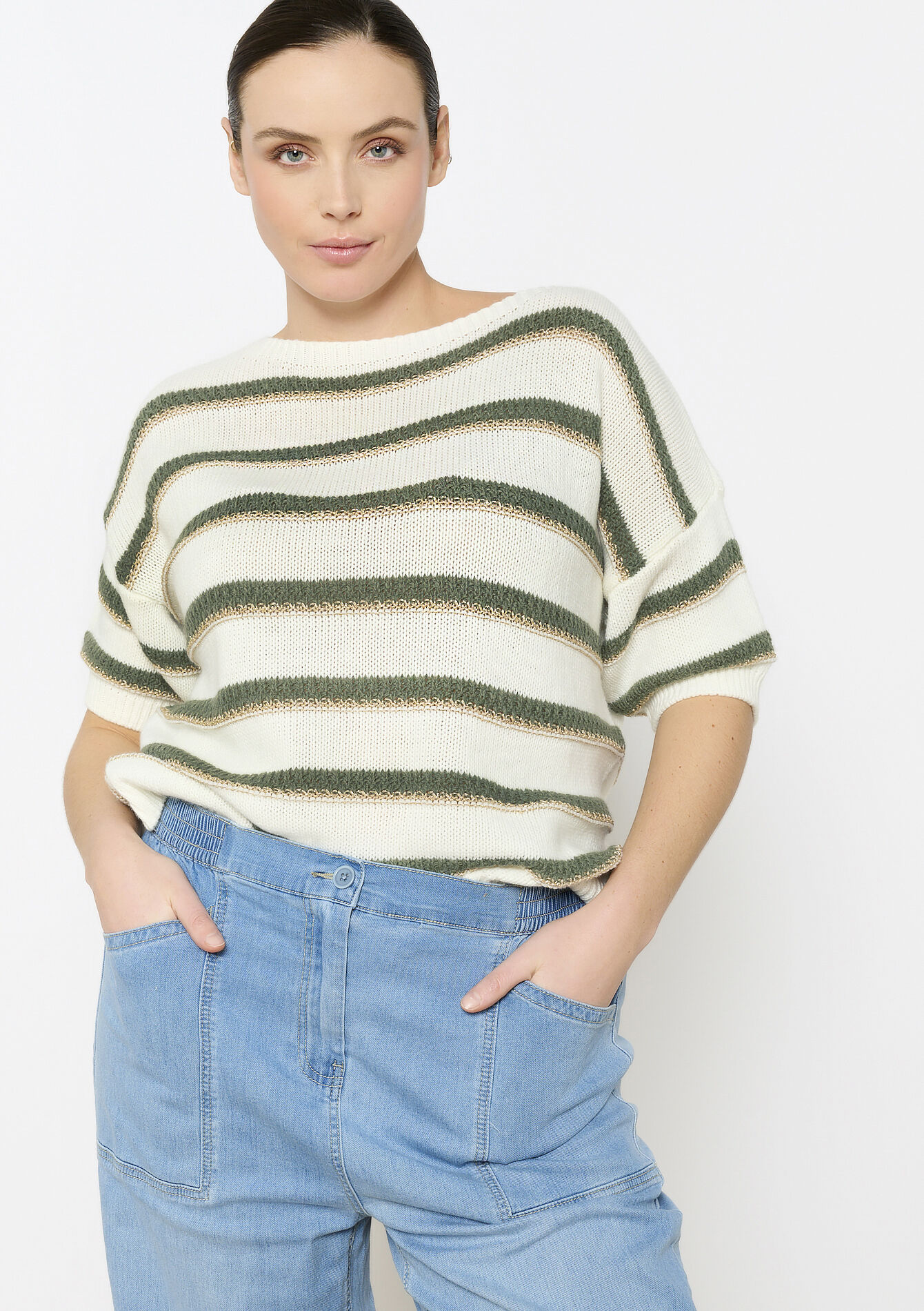 Short-sleeved striped sweater - OFFWHITE - 04006867_1001