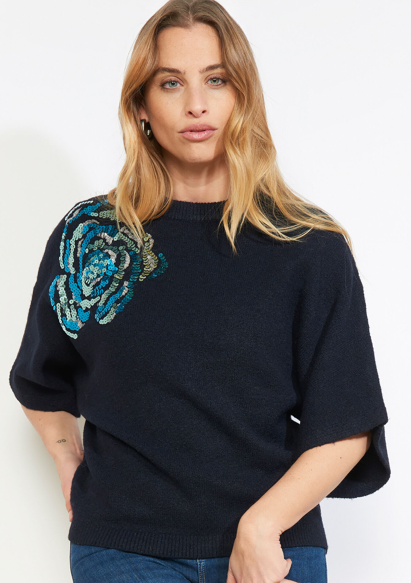 Sequin floral knit, Sequin floral knit - NAVY BASIC - 04007193_2723