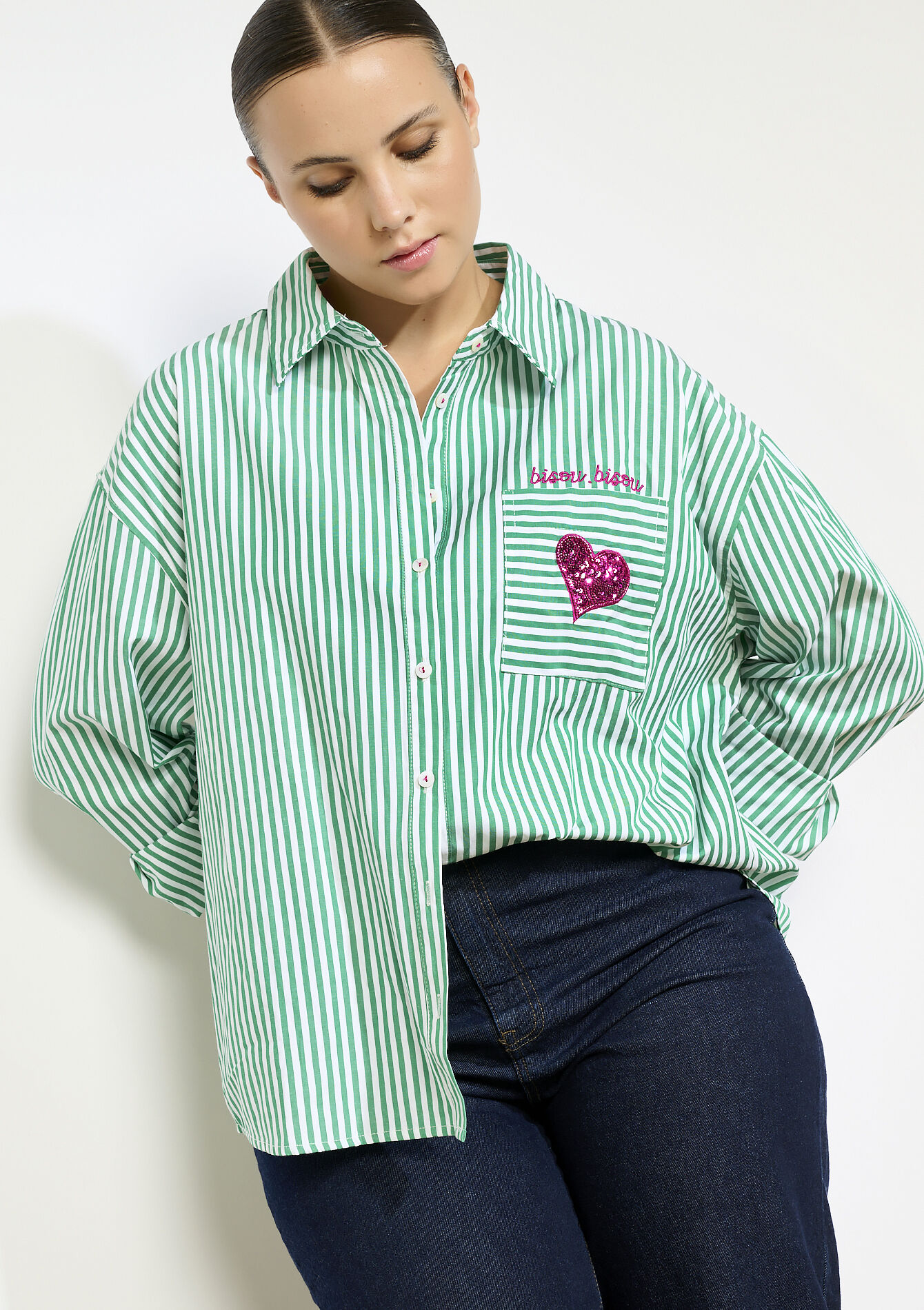 Gestreept hemd met hartdetail, Gestreept hemd met hartdetail - GREEN APPLE - 05702916_1783