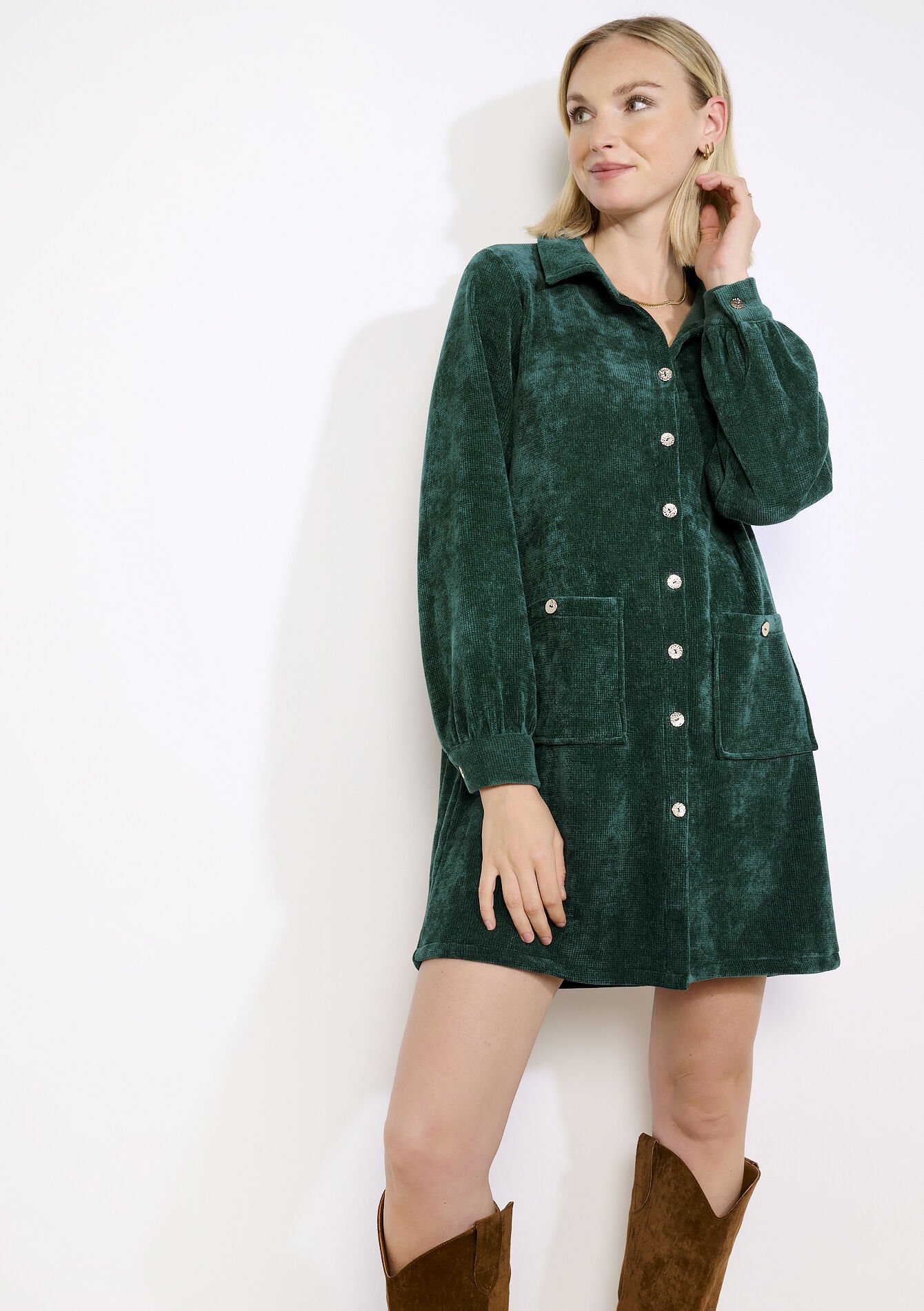 Robe chemise en velours, Robe chemise en velours - BOTTLE GREEN - 08104417_1778