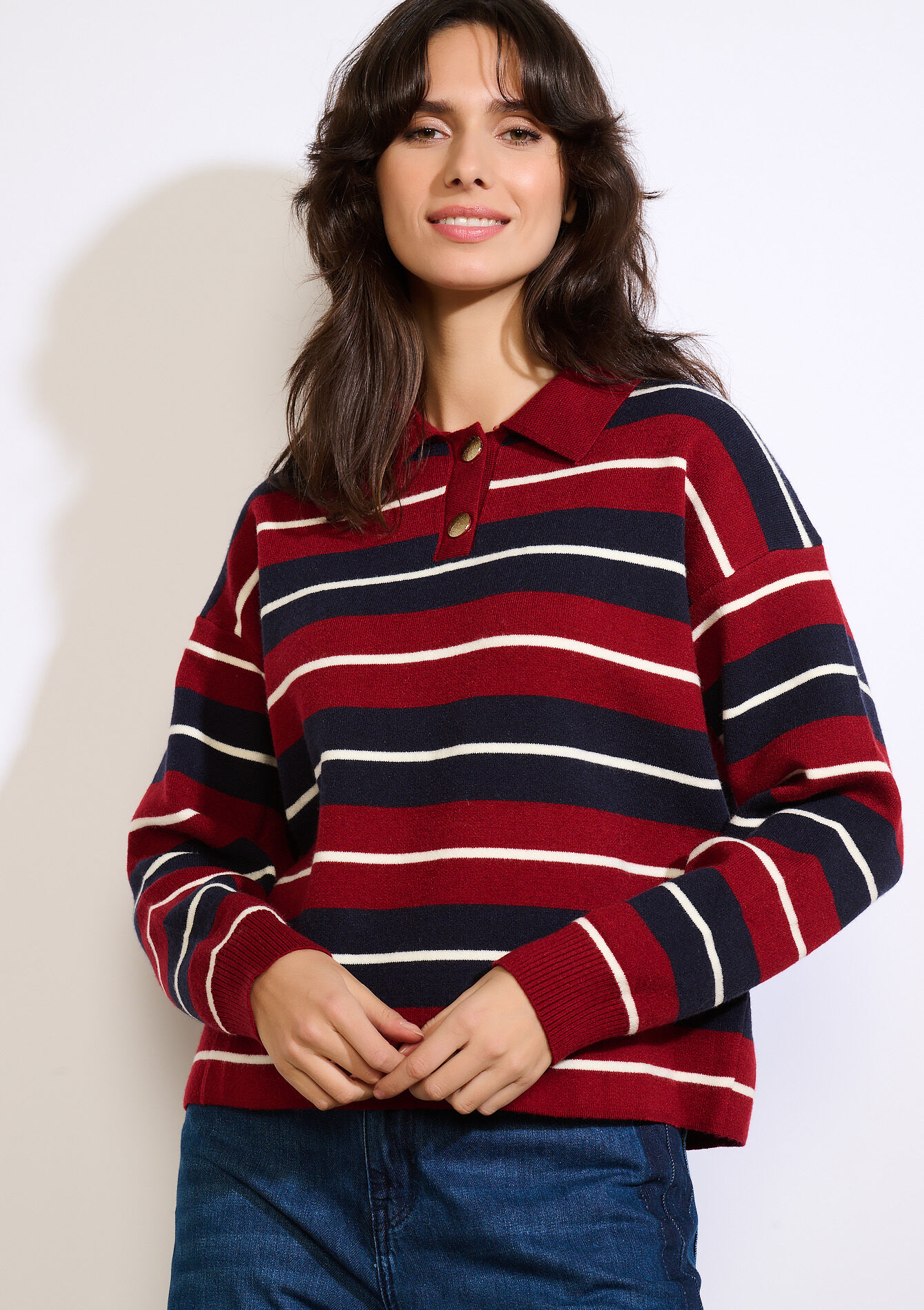 Pull rayé col polo, Pull rayé col polo - RED PAPRIKA - 04007124