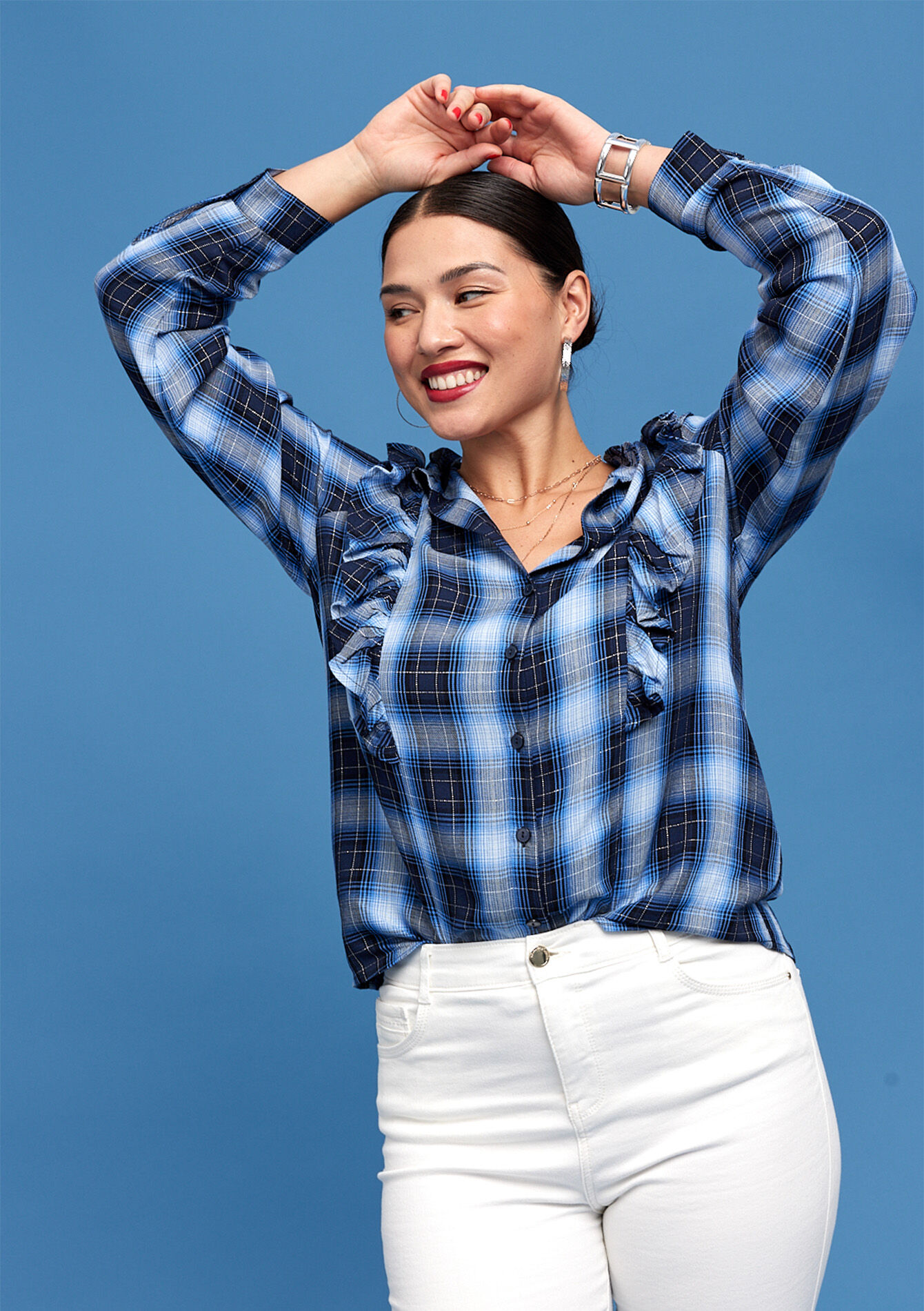 Checkered shirt with ruffles - BRIGHT BLUE - 05702117