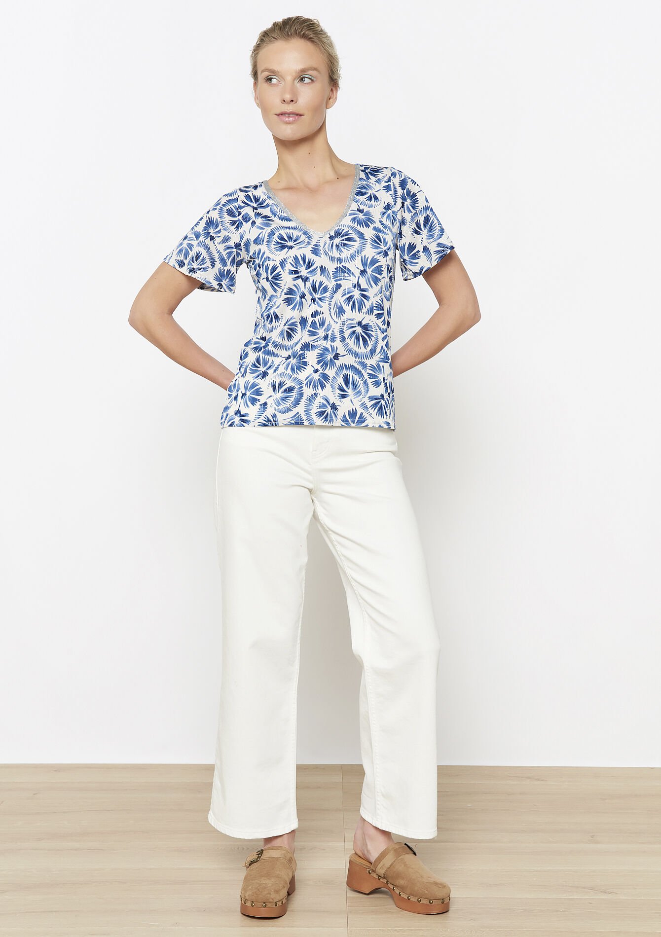 T-shirt met palmbladprint, T-shirt met palmbladprint - BLUE FAIENCE - 02301812_1584