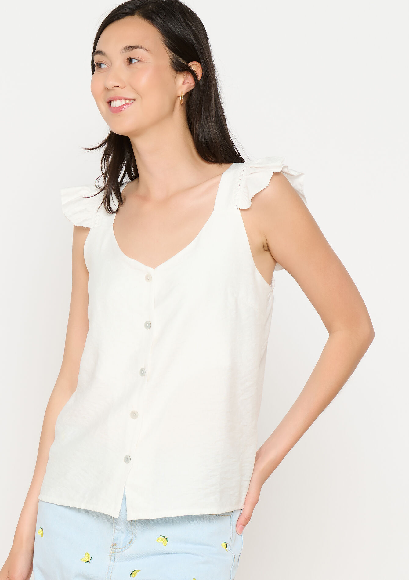 Top met open rug en ruches, Top met open rug en ruches - OPTICAL WHITE - 05702854_1019