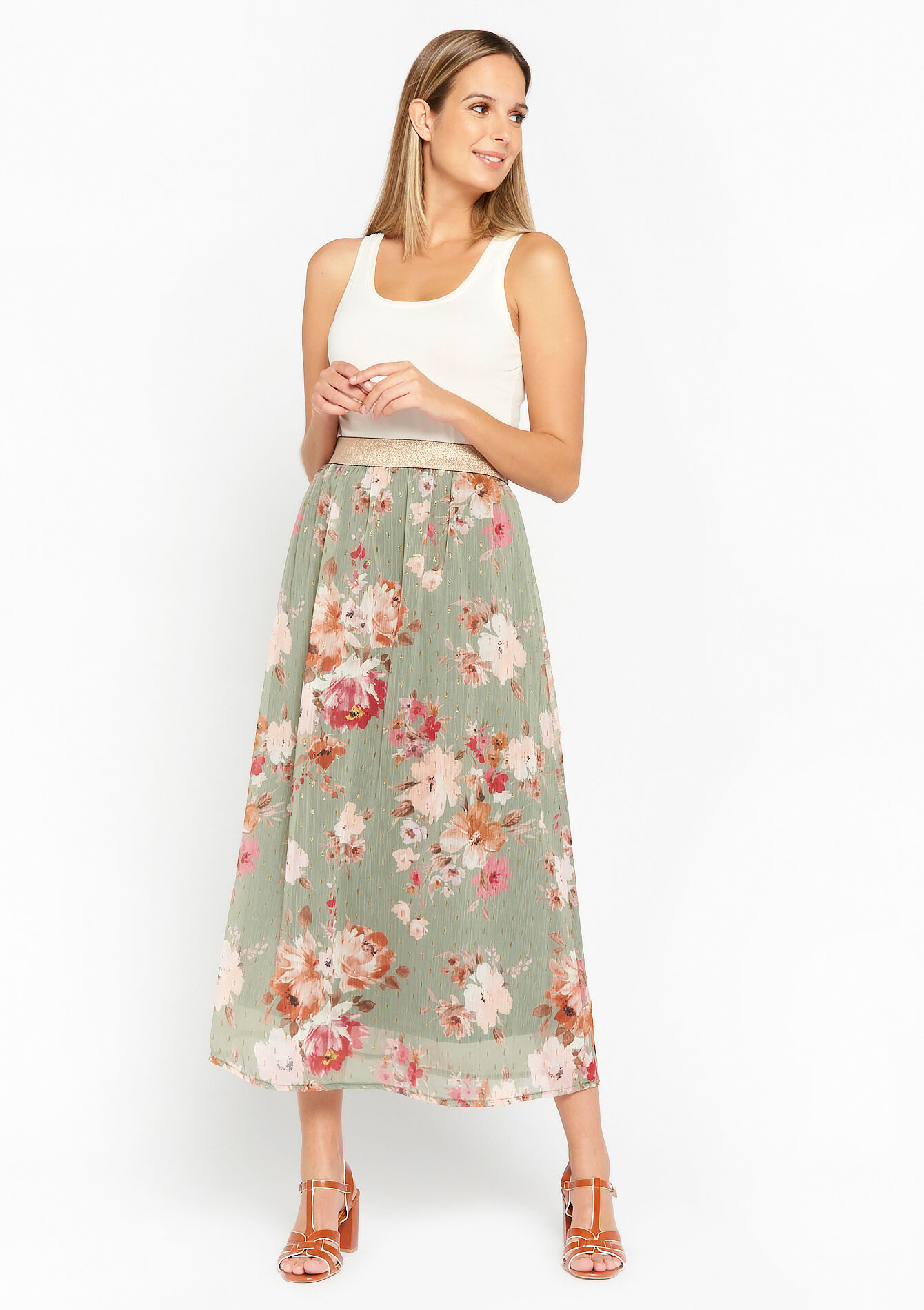 Maxi skirt with floral print - KHAKI FADED - 07101070_4326