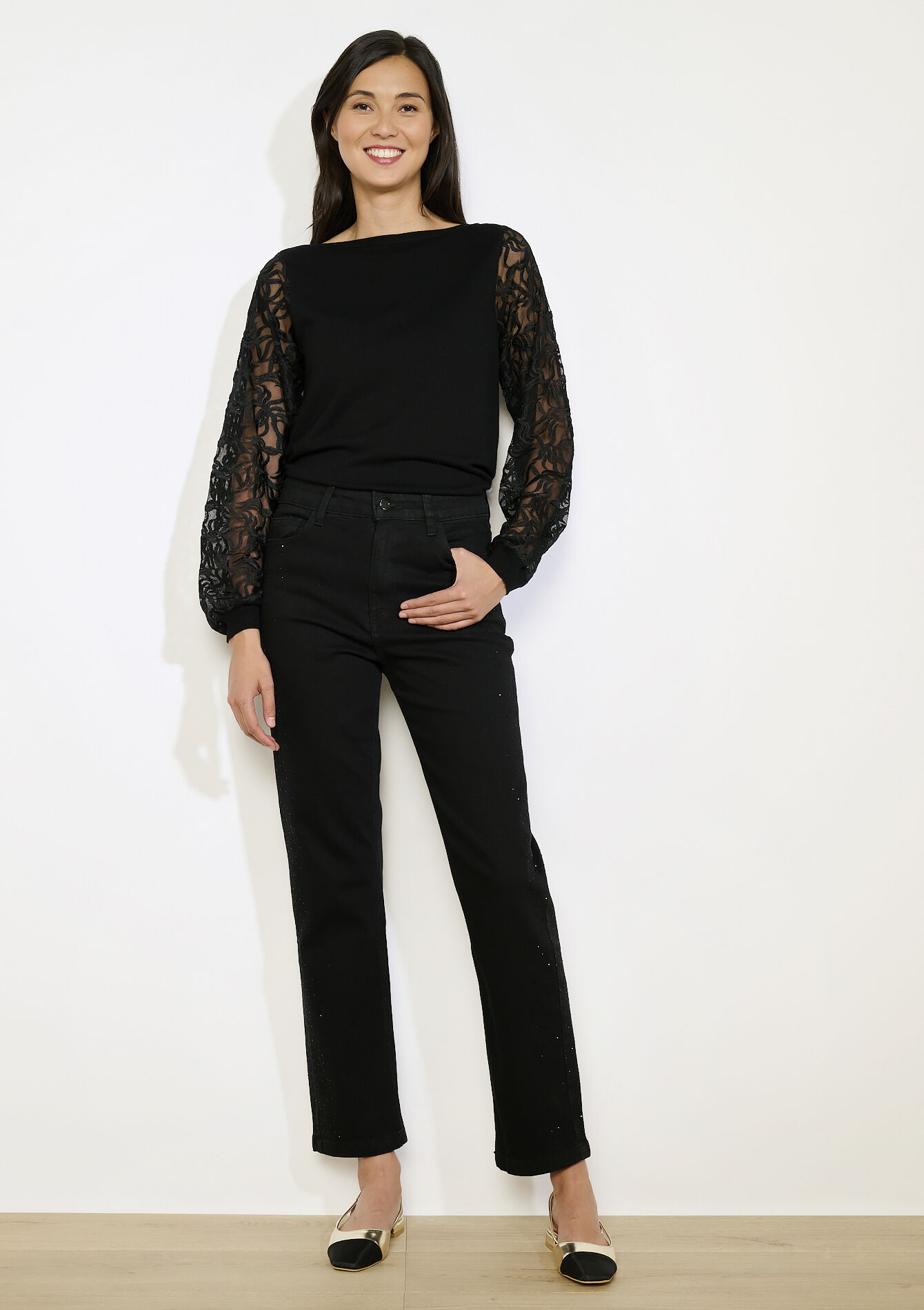 Rechte jeans hoge taille met strass - BLACK - 22000627_1119