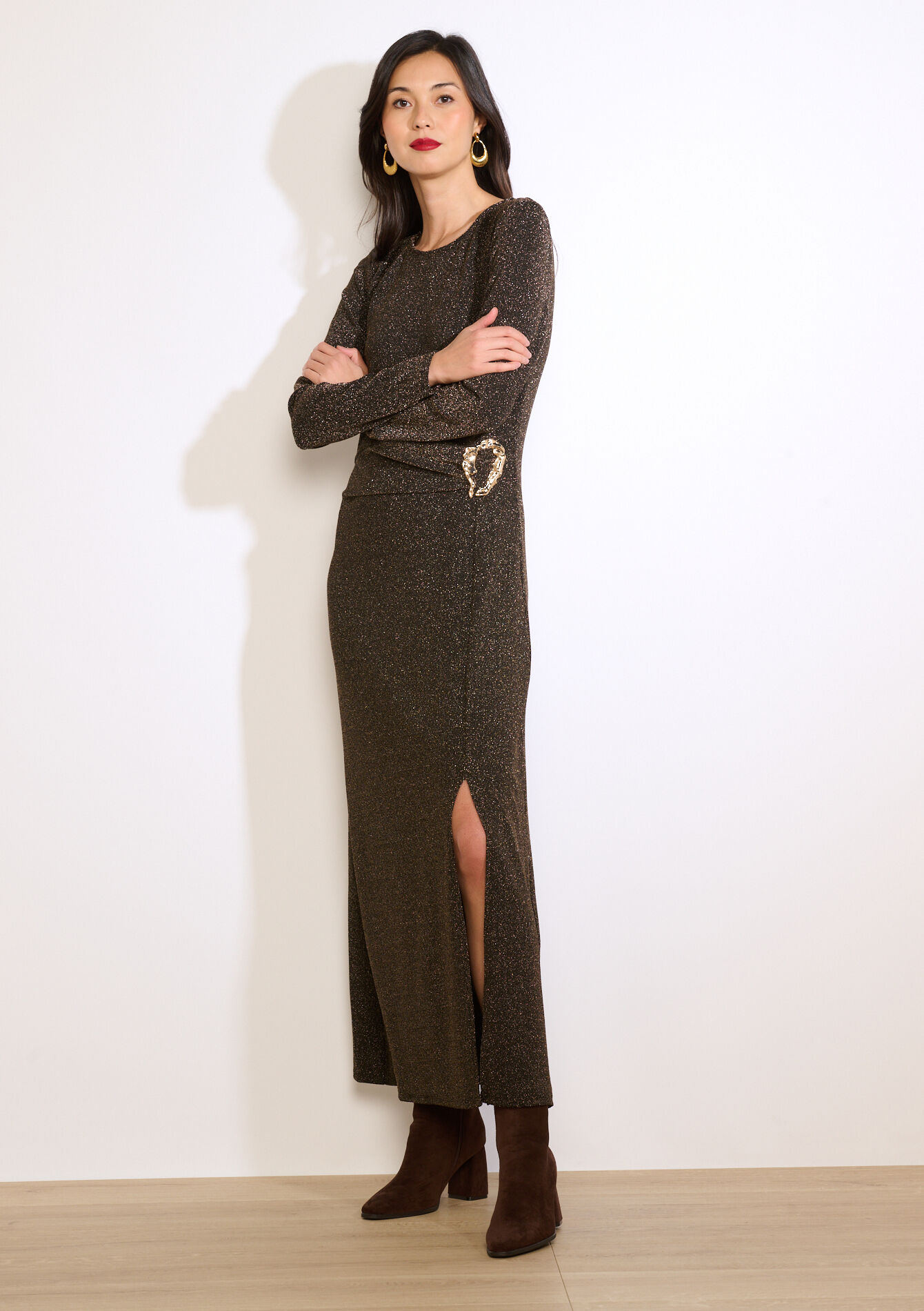 Glanzende maxi-jurk met split - GOLD - 08104416_1058