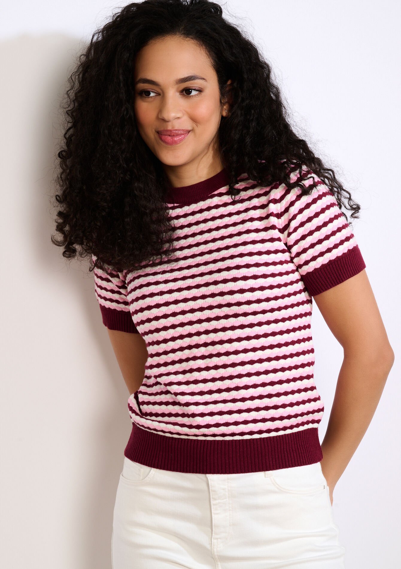 Gebreide top met korte mouw - BORDEAU WINE - 04007214_1467