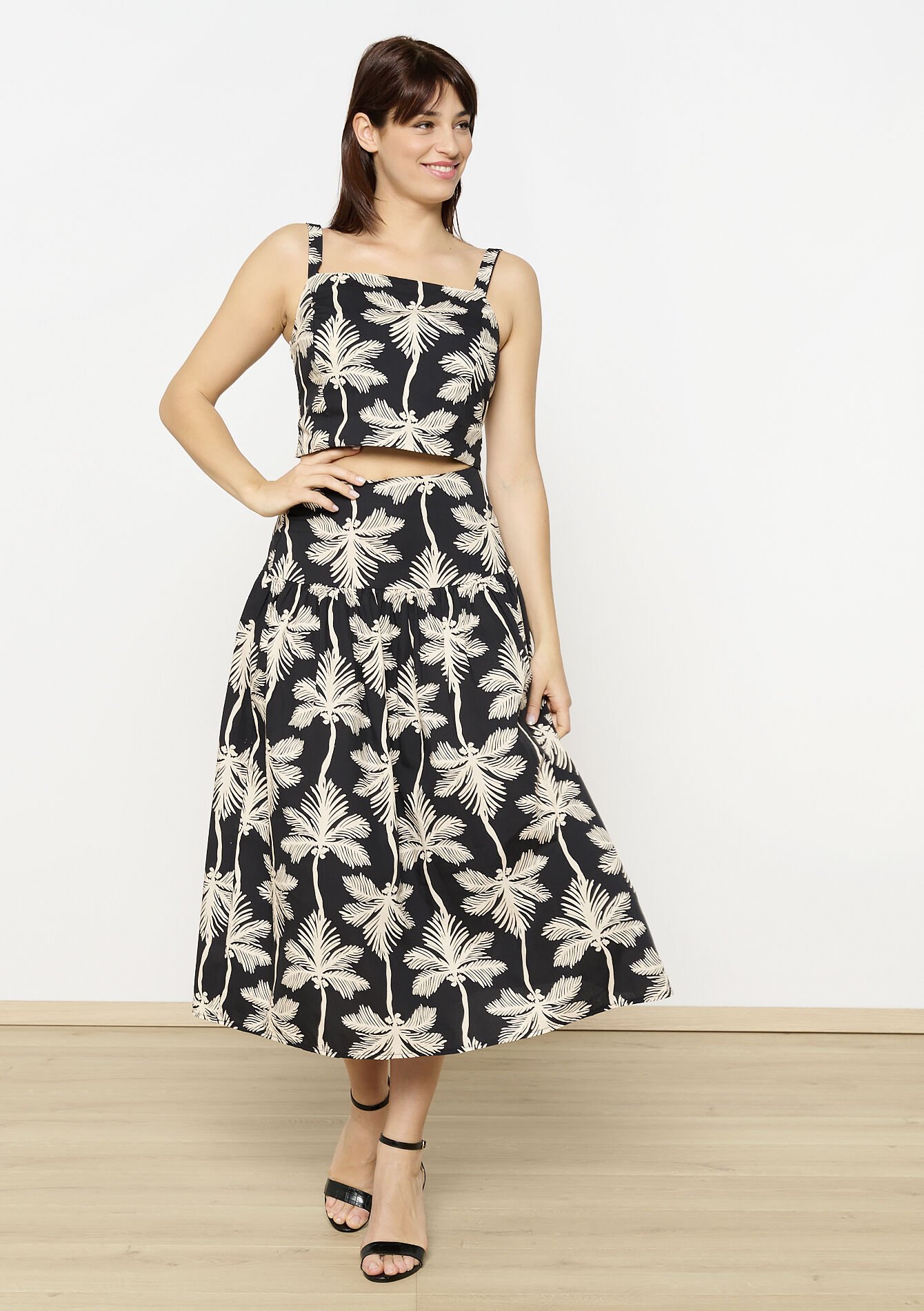 Palm print crop top - BLACK - 1129961