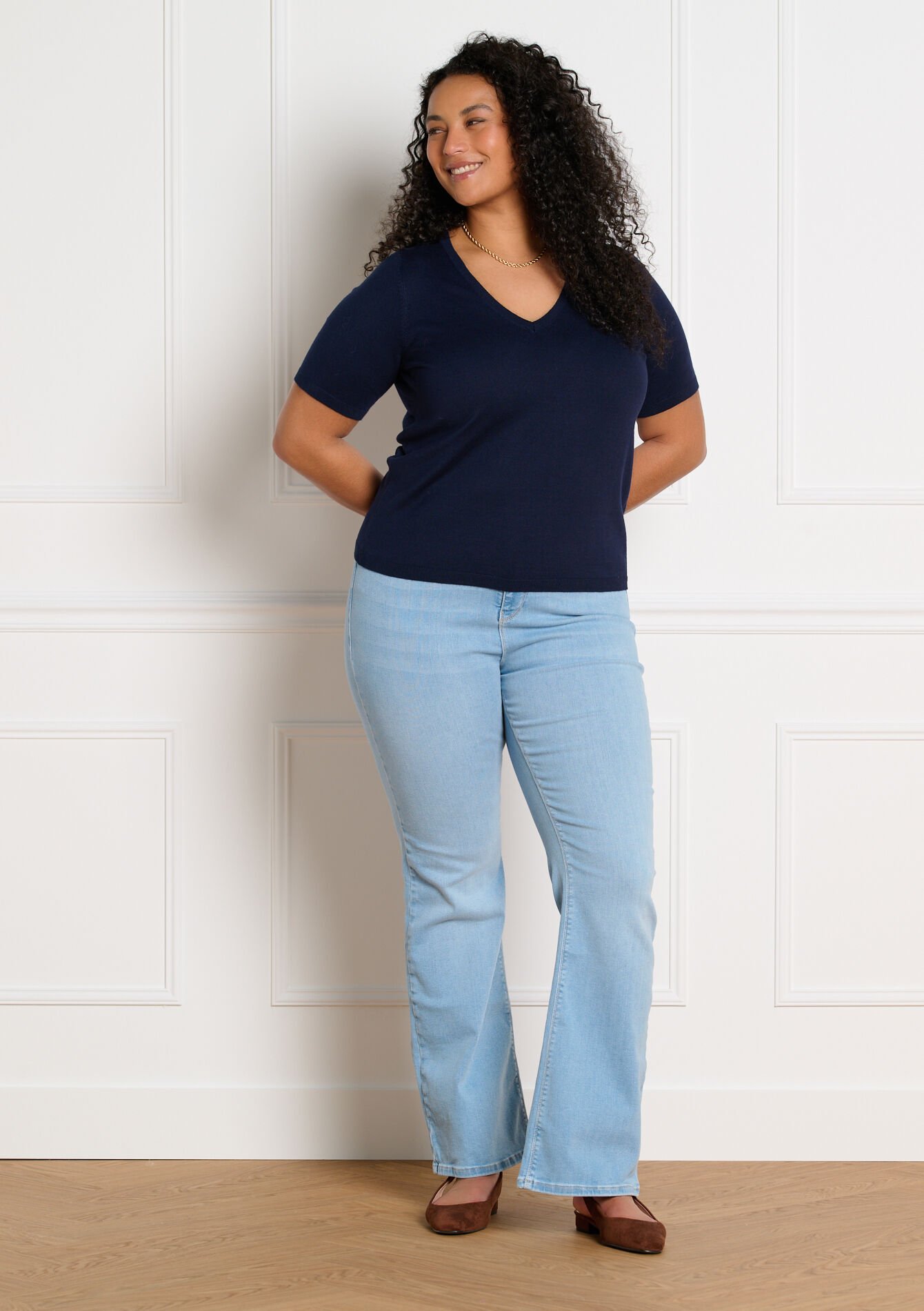 Pull col V manches courtes - NAVY BASIC - 04007025_2723