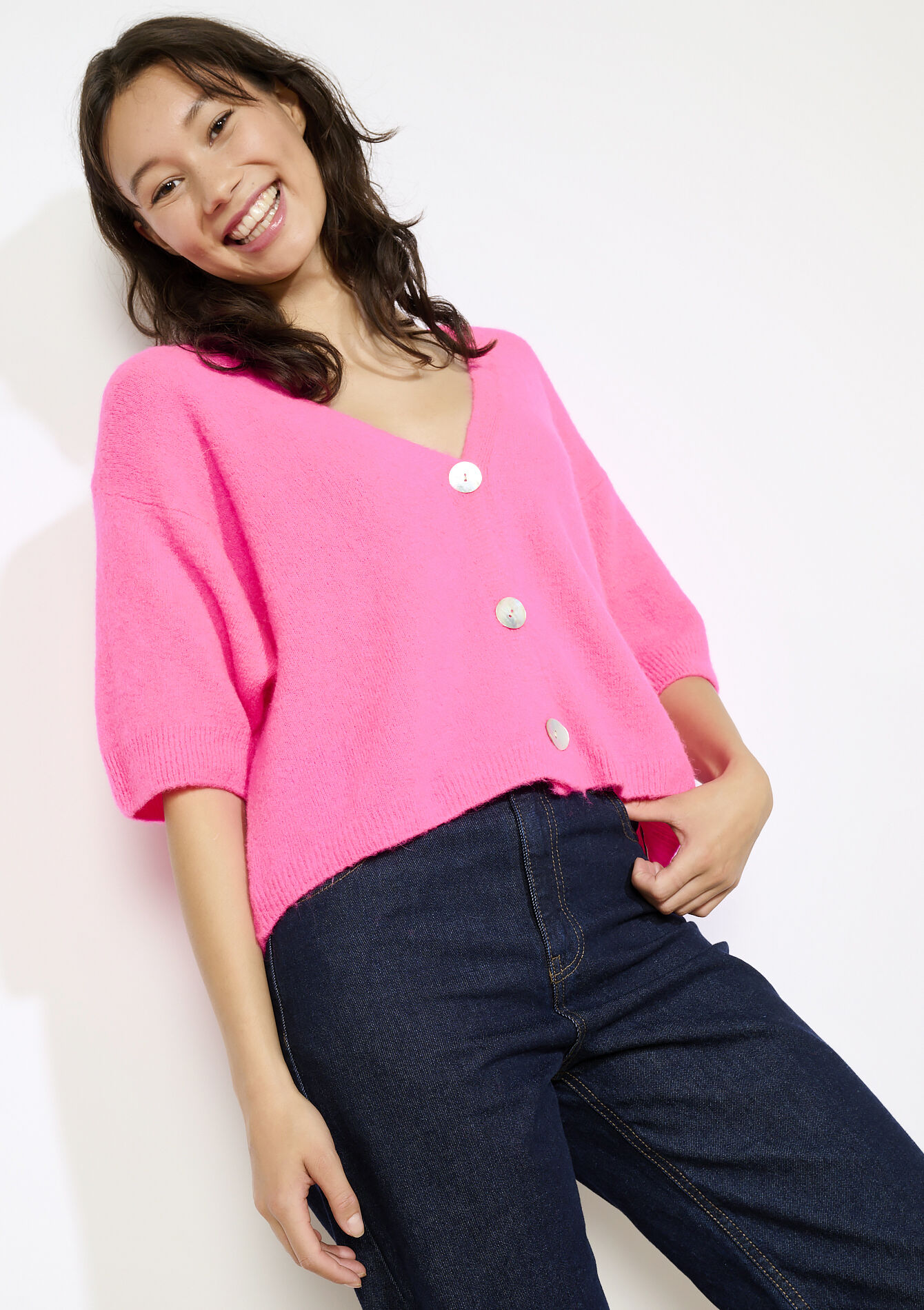 Cropped cardigan with bold buttons, , back