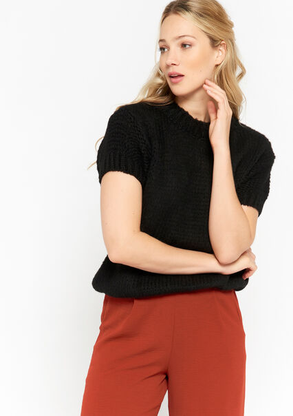 Chunky knit short-sleeved pullover - BLACK - 04006120_1119