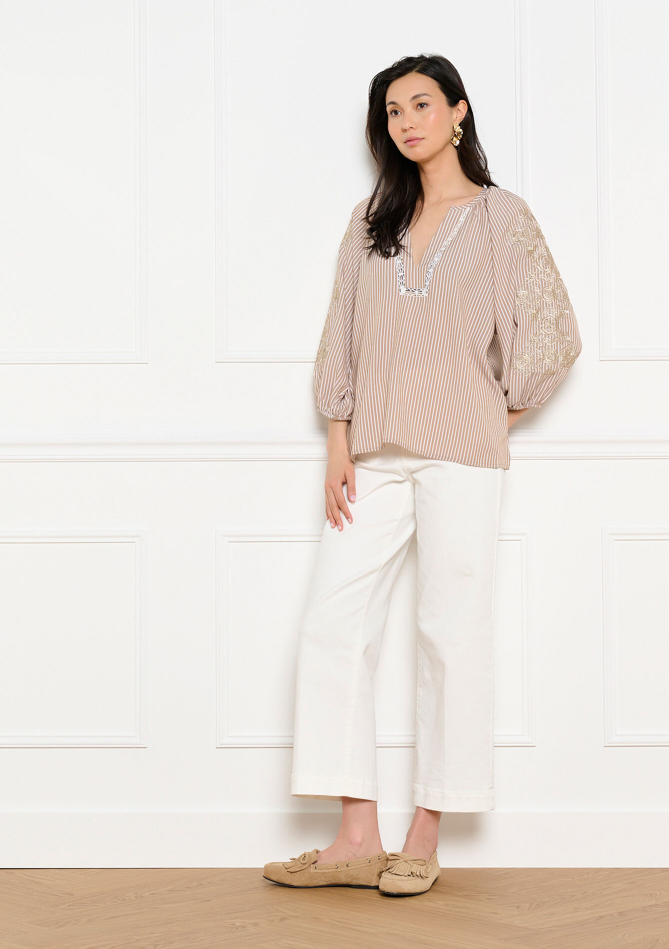 Blouse rayée détails brodés - LIGHT TAUPE - 05703052_2572