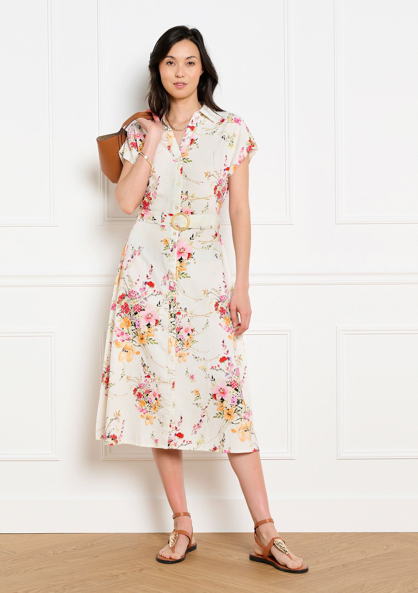 Robe chemise ceinturée fleurie - VANILLA WHITE - 08104319_1013