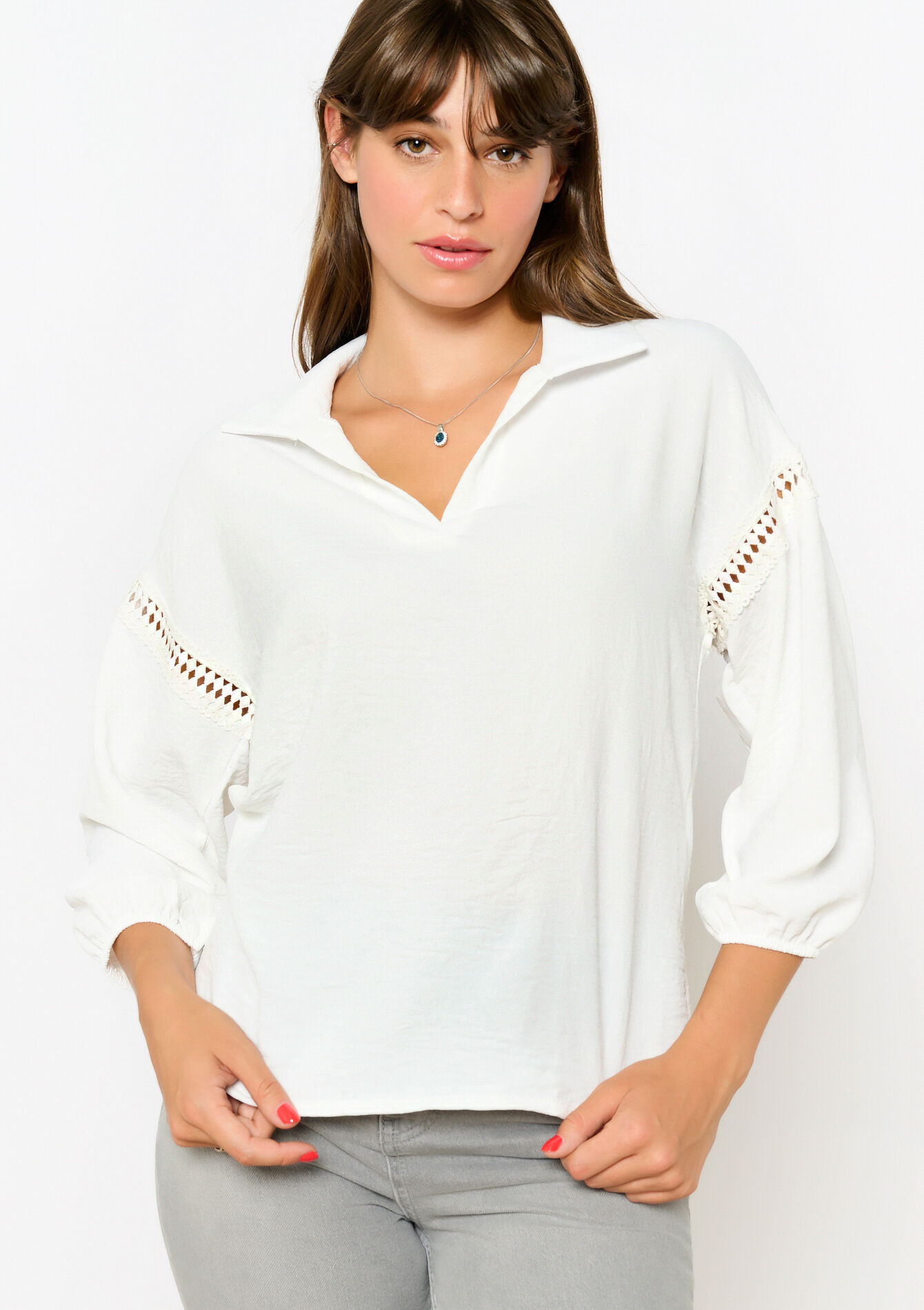 Blouse with macramé, Blouse with macramé - OPTICAL WHITE - 05702650_1019