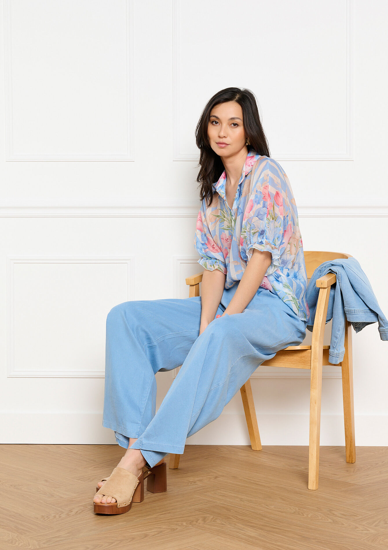 Chemise voile rayures fleurs, , back