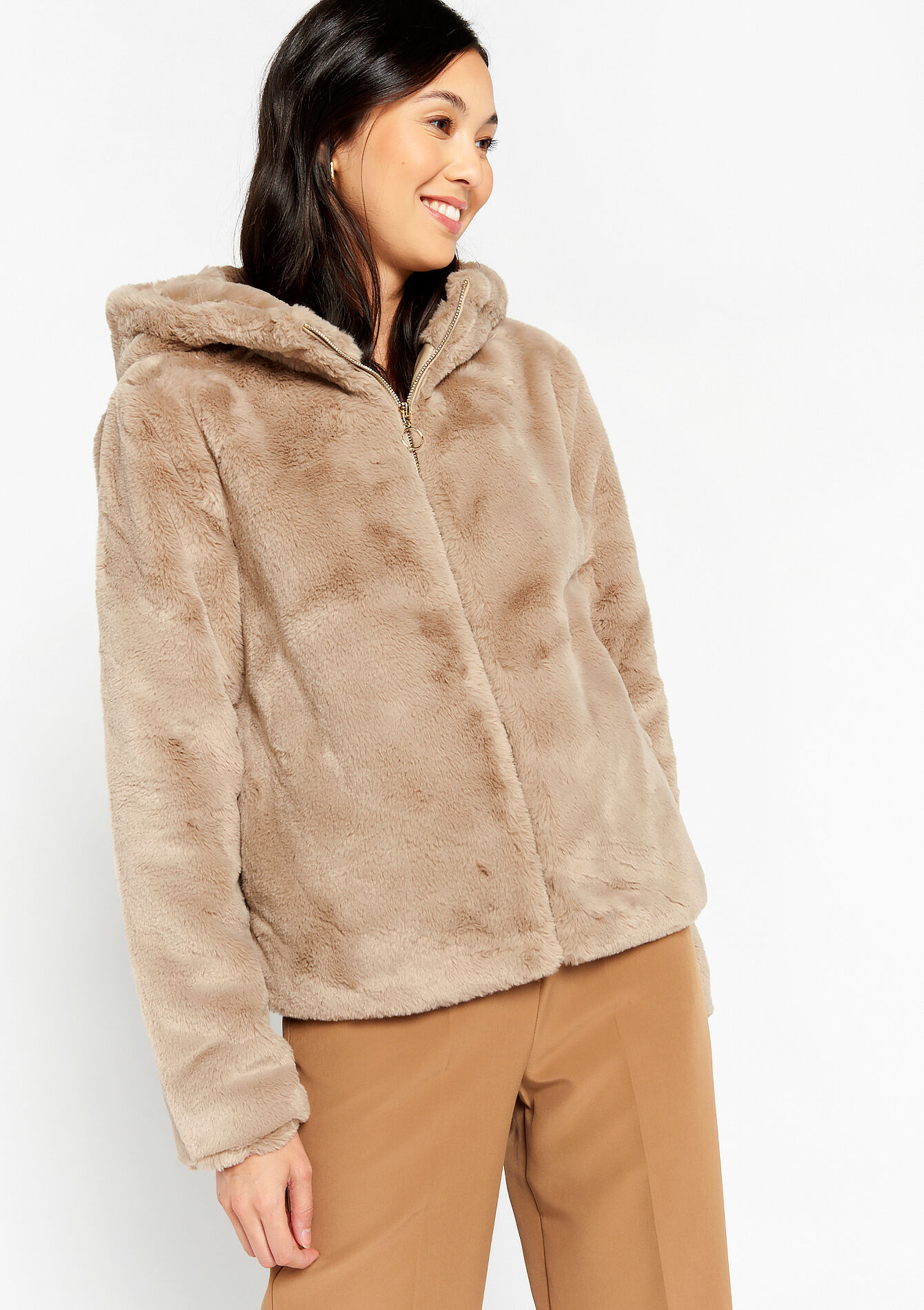 Faux fur jas met capuchon - LIGHT TAUPE - 23000594_2572