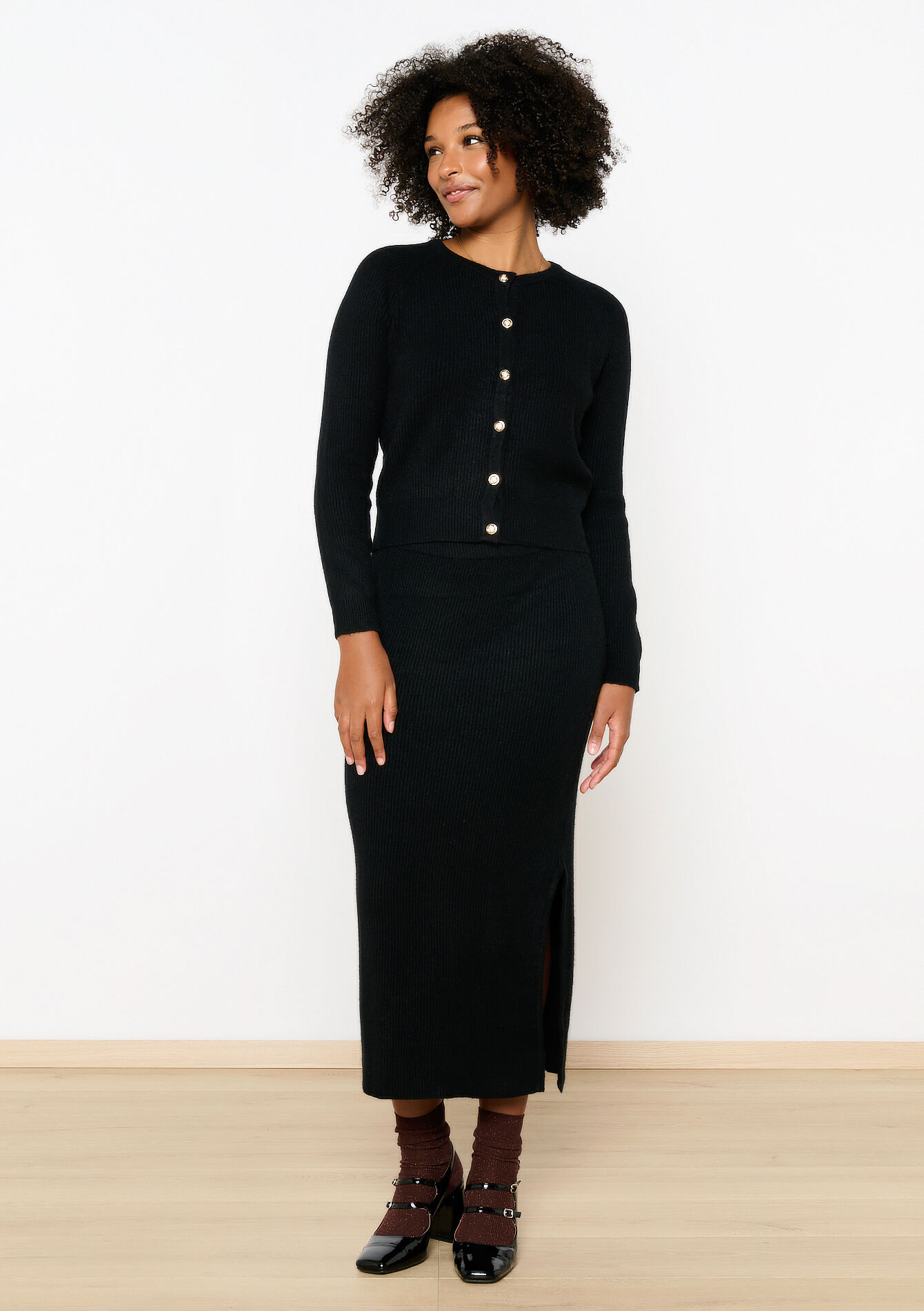 Cardigan côtelé à col rond, Cardigan côtelé à col rond - BLACK - 04101213_1119