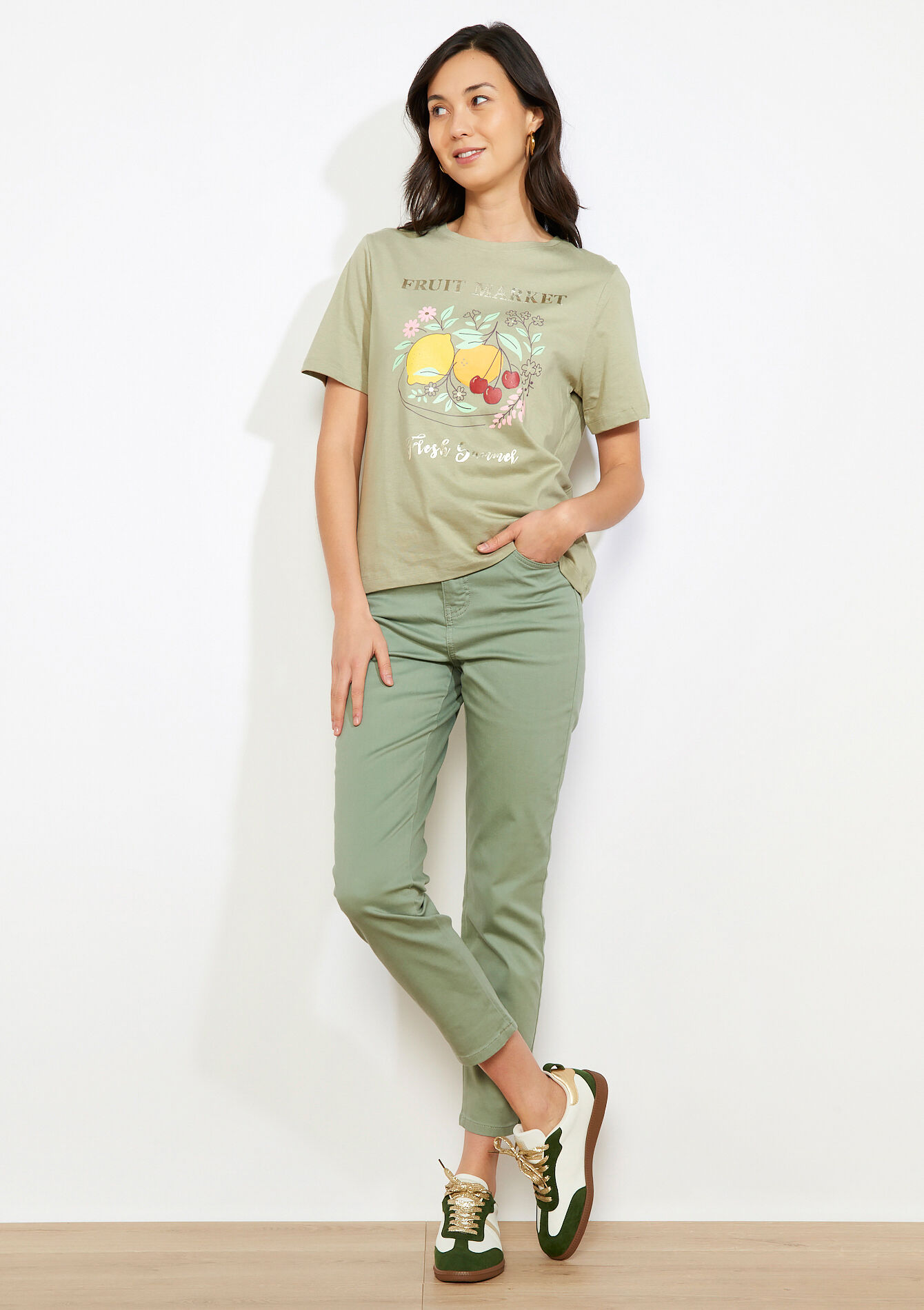 Irriserend tekstshirt - KHAKI FADED - 02301941_4326