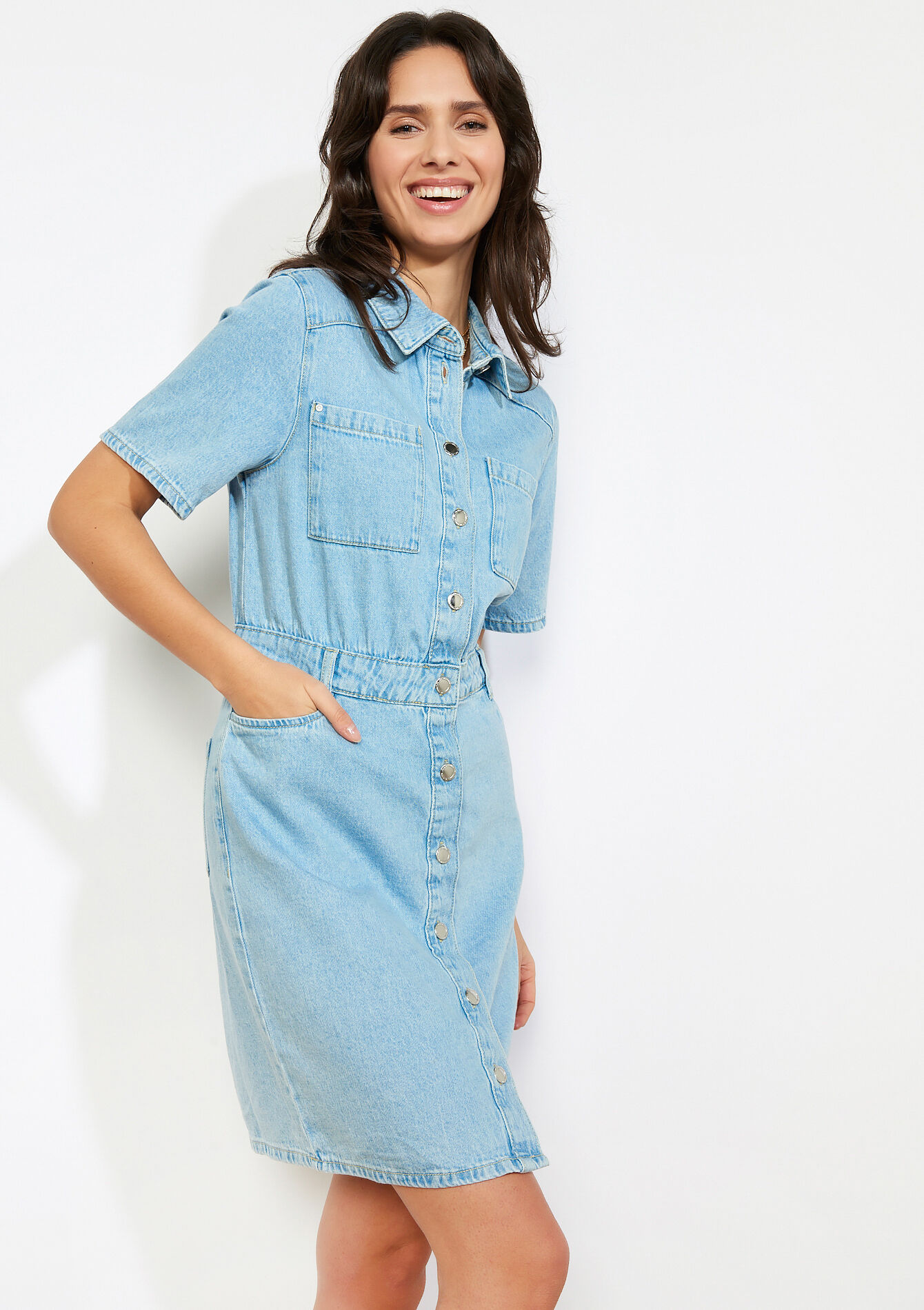 Robe chemise en jean courte, Robe chemise en jean courte - BLUE BLEACHED - 08104290_0502