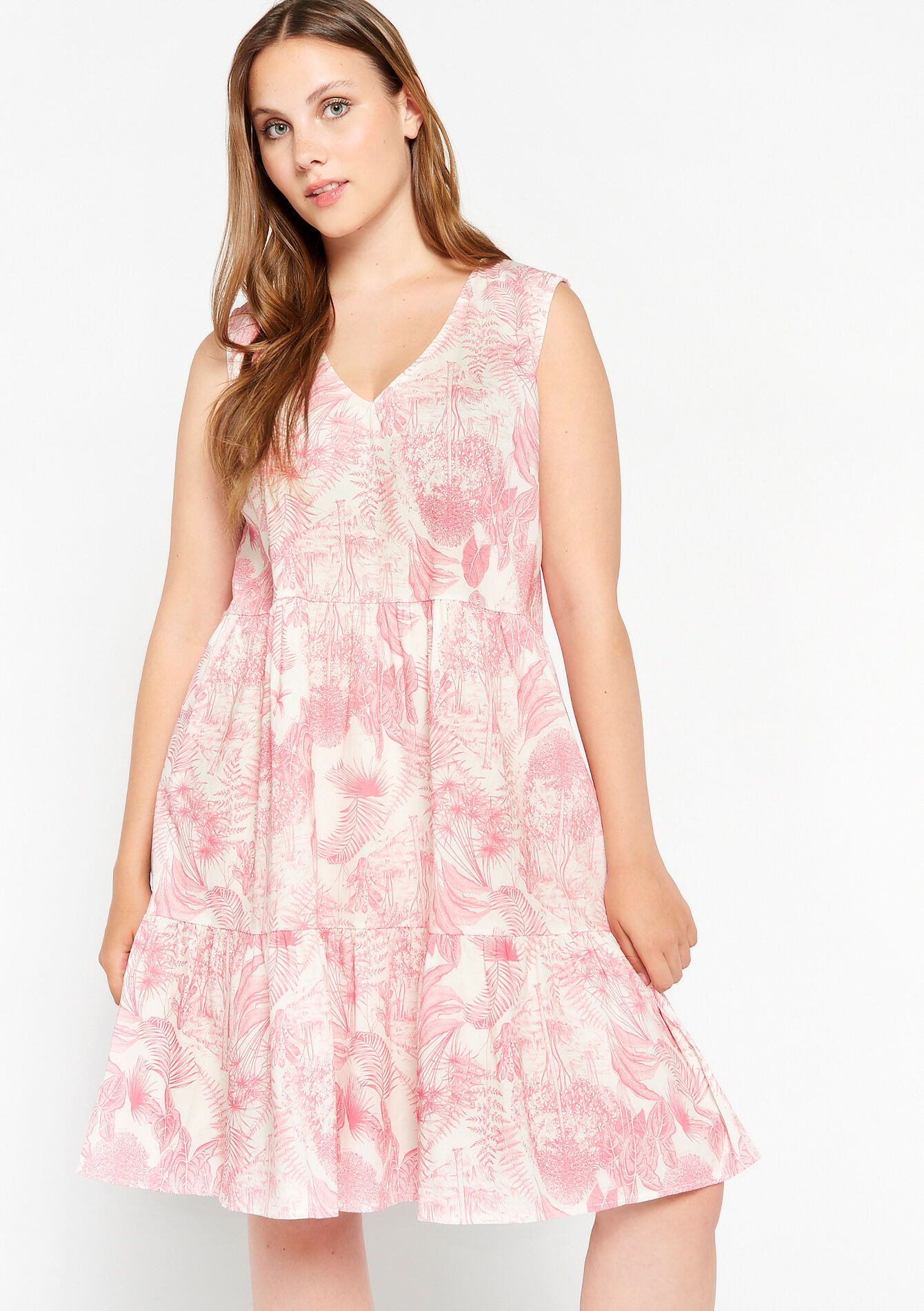 Robe col en V à imprimé tropical, Robe col en V à imprimé tropical - FUCHSIA - 1079629