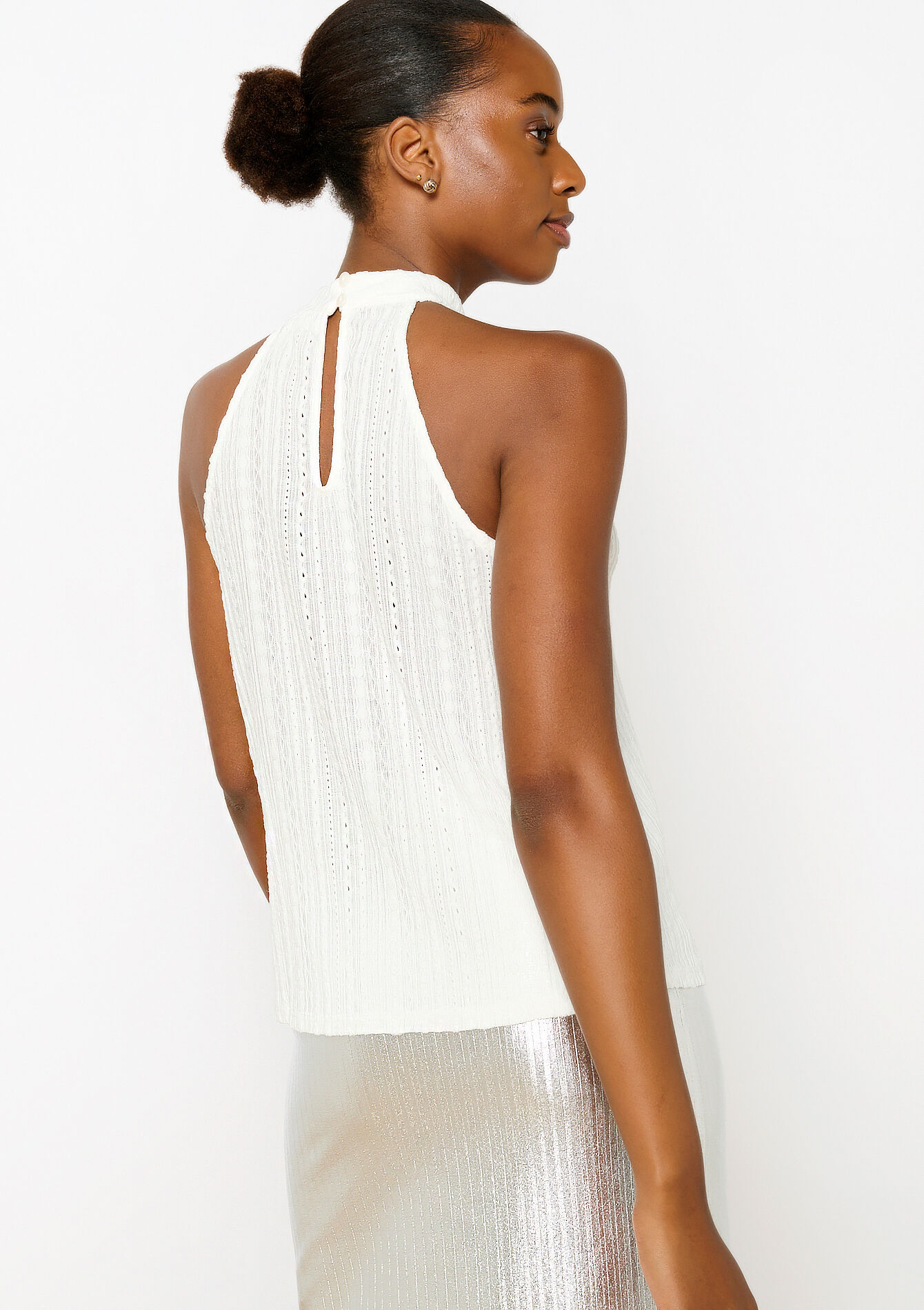 Débardeur brodé à col halter, Débardeur brodé à col halter - OPTICAL WHITE - 02200428