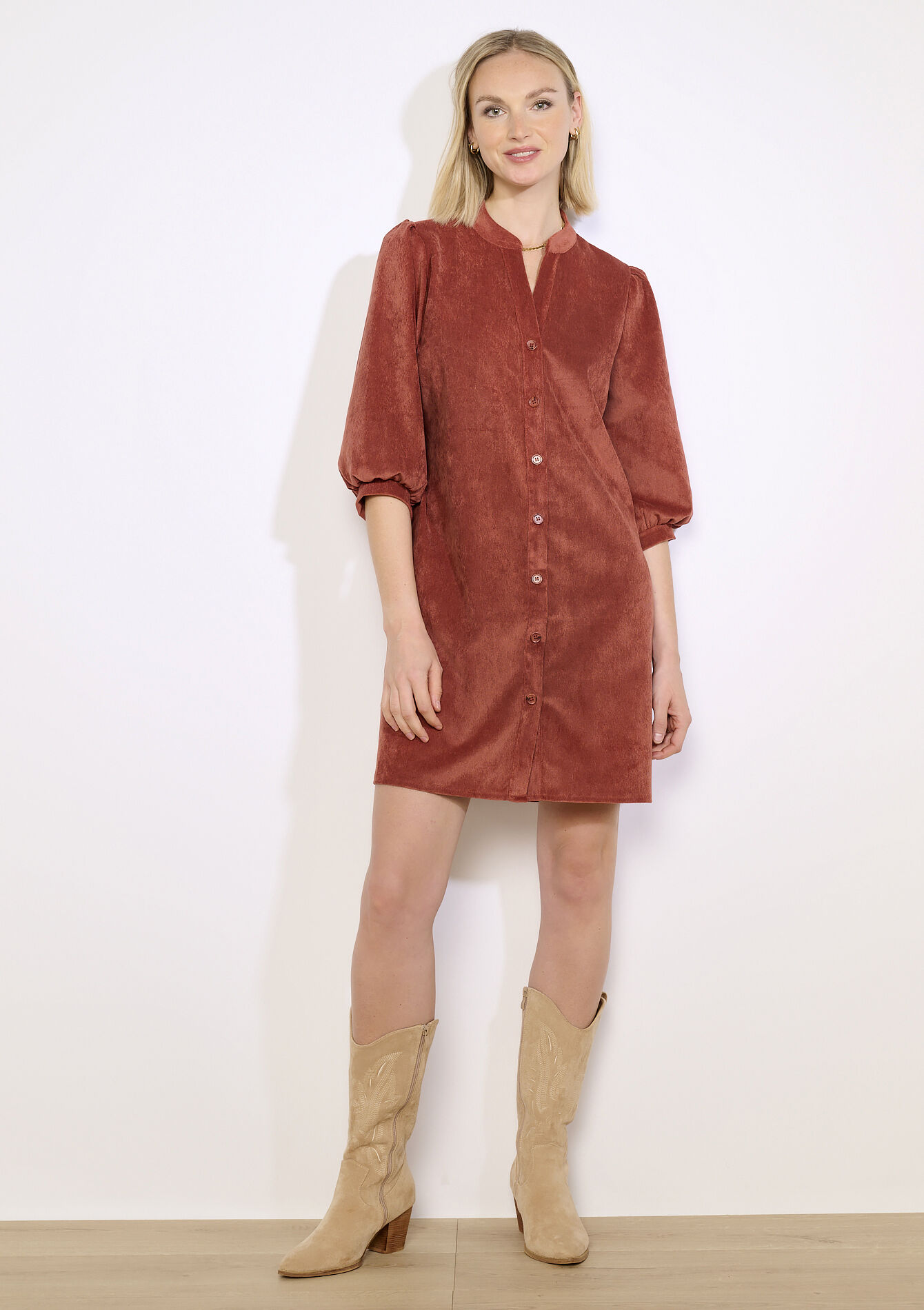 Robe courte en velours côtelé, Robe courte en velours côtelé - TERRACOTTA - 08104308_5303