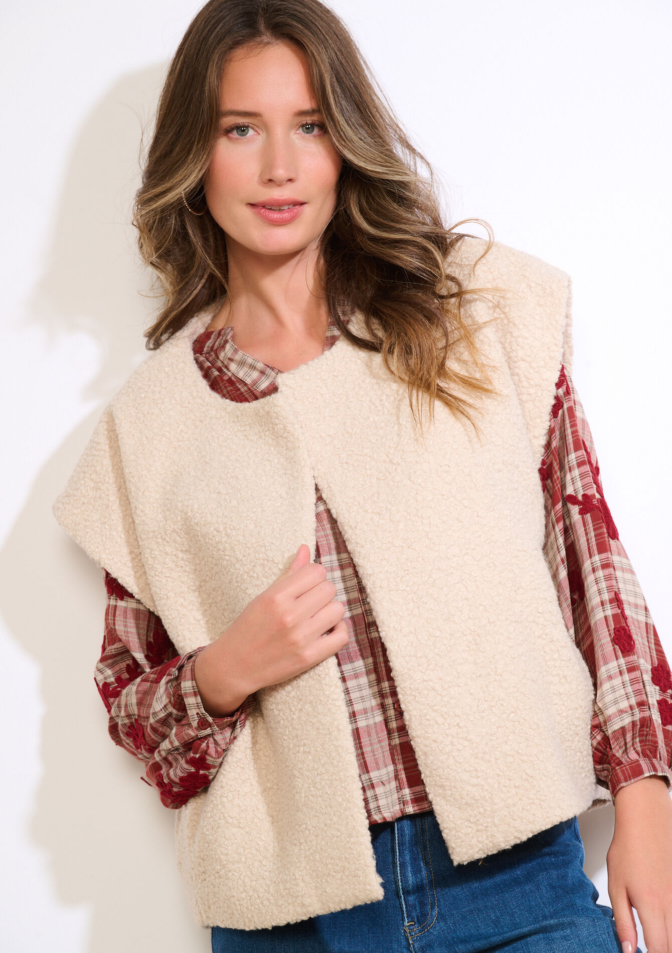 Mouwloos teddy gilet, , back