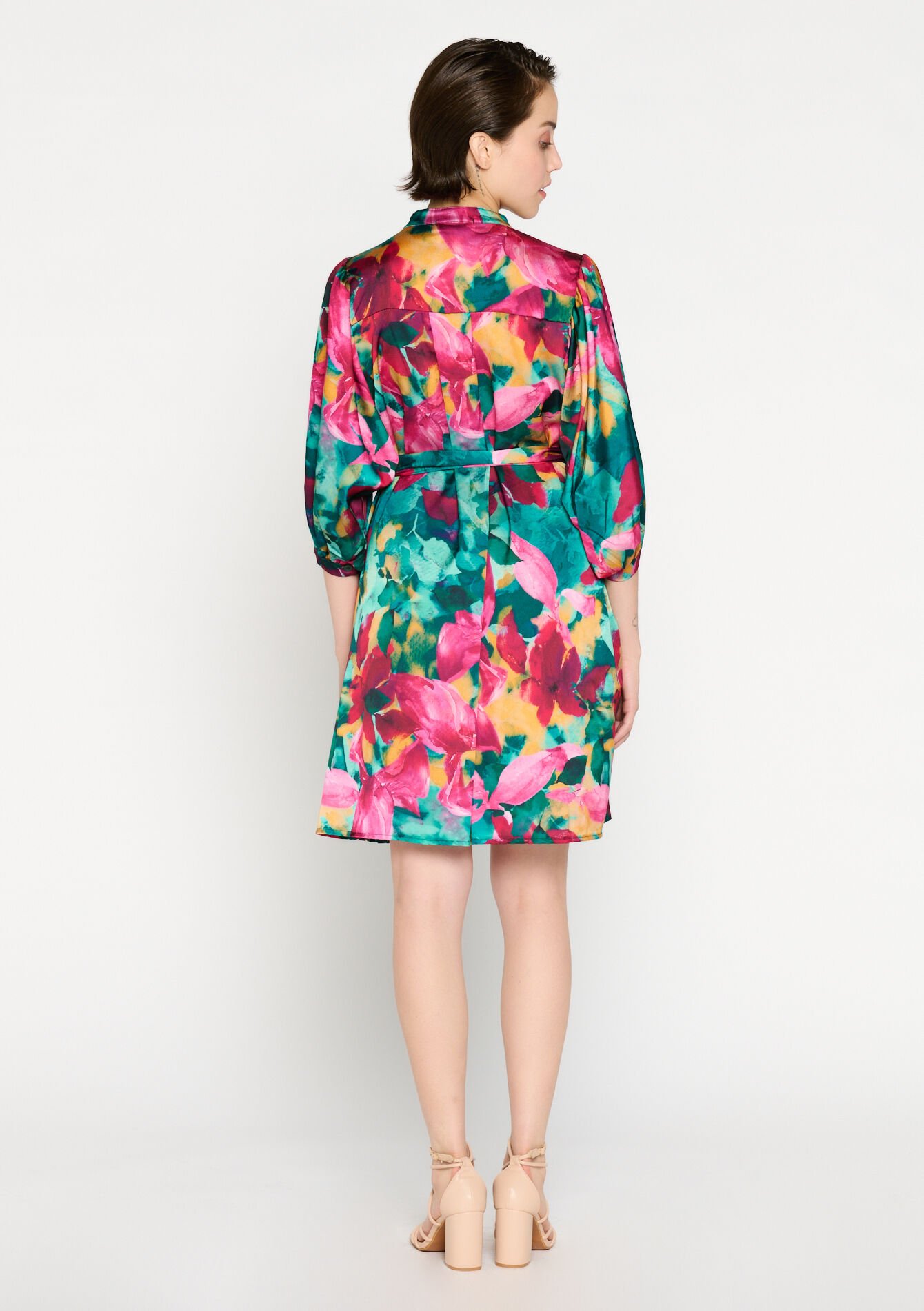 Satijnen hemdjurk met bloemenprint - FUCHSIA - 08103371_5626