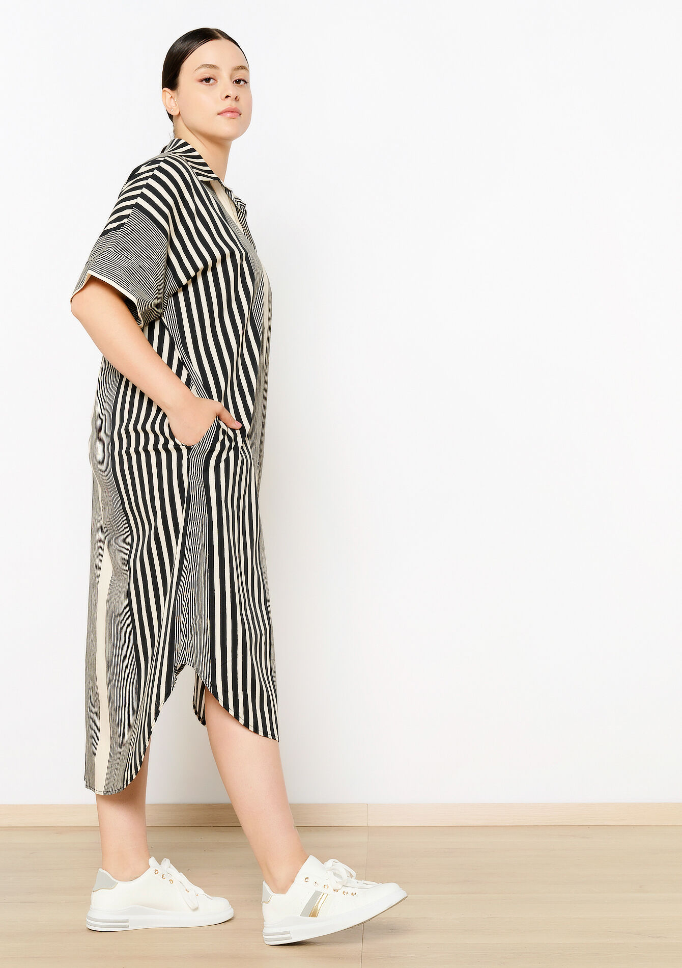 Robe-chemise mi-longue à rayures, Robe-chemise mi-longue à rayures - BLACK - 08103842_1119