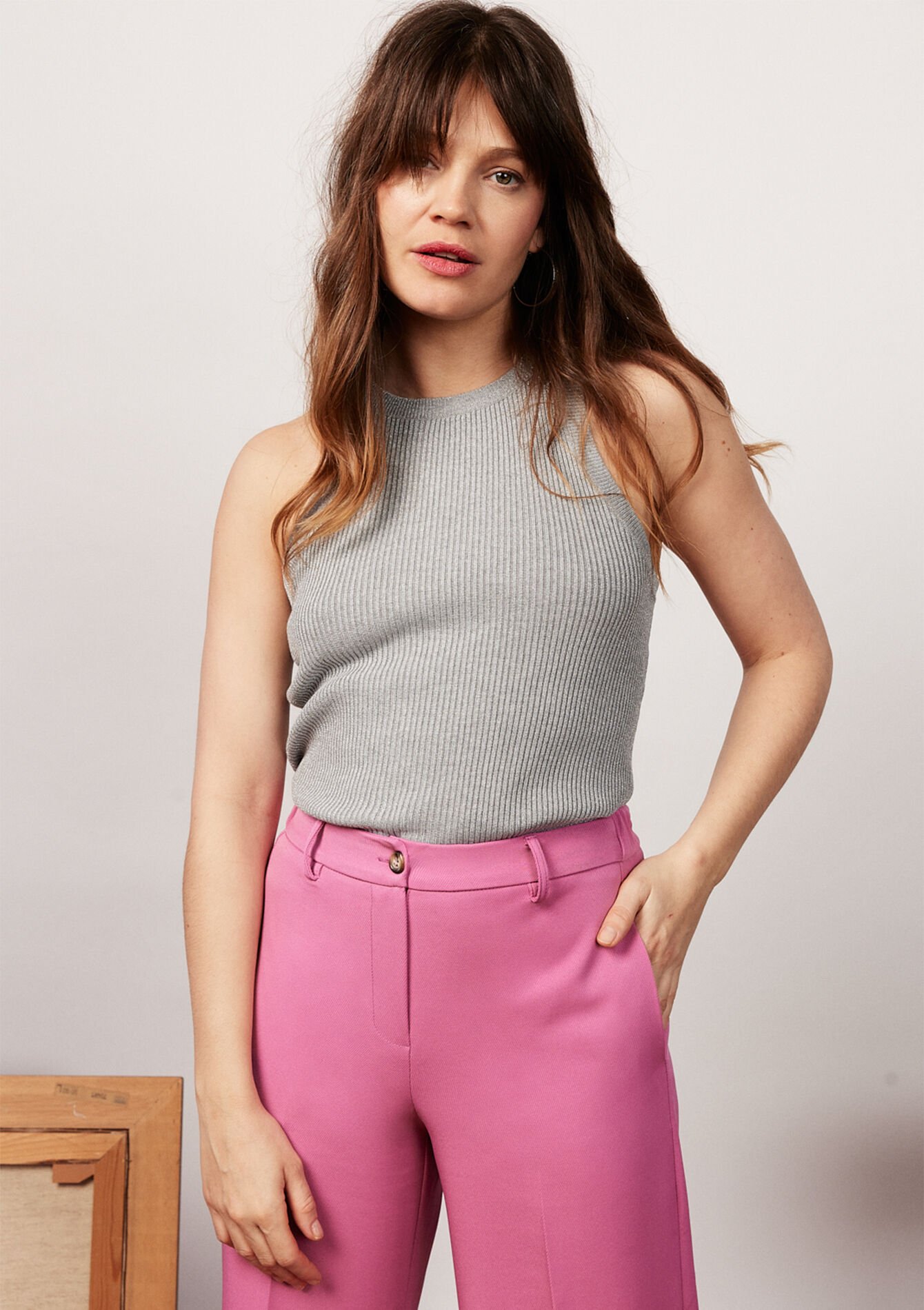 Geribbelde tank top met lurex, Geribbelde tank top met lurex - LT GREY - 02200389_2574