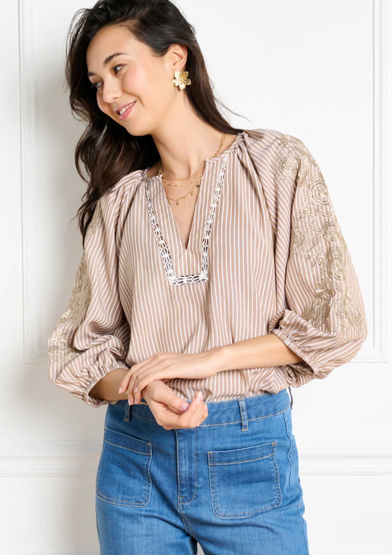 Blouse rayée détails brodés - LIGHT TAUPE - 05703052_2572