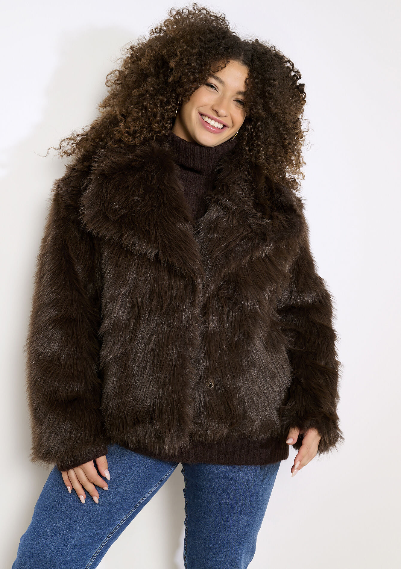Faux fur jacket wide collar - BROWN DARK CHOCOLATE - 23000801_3720