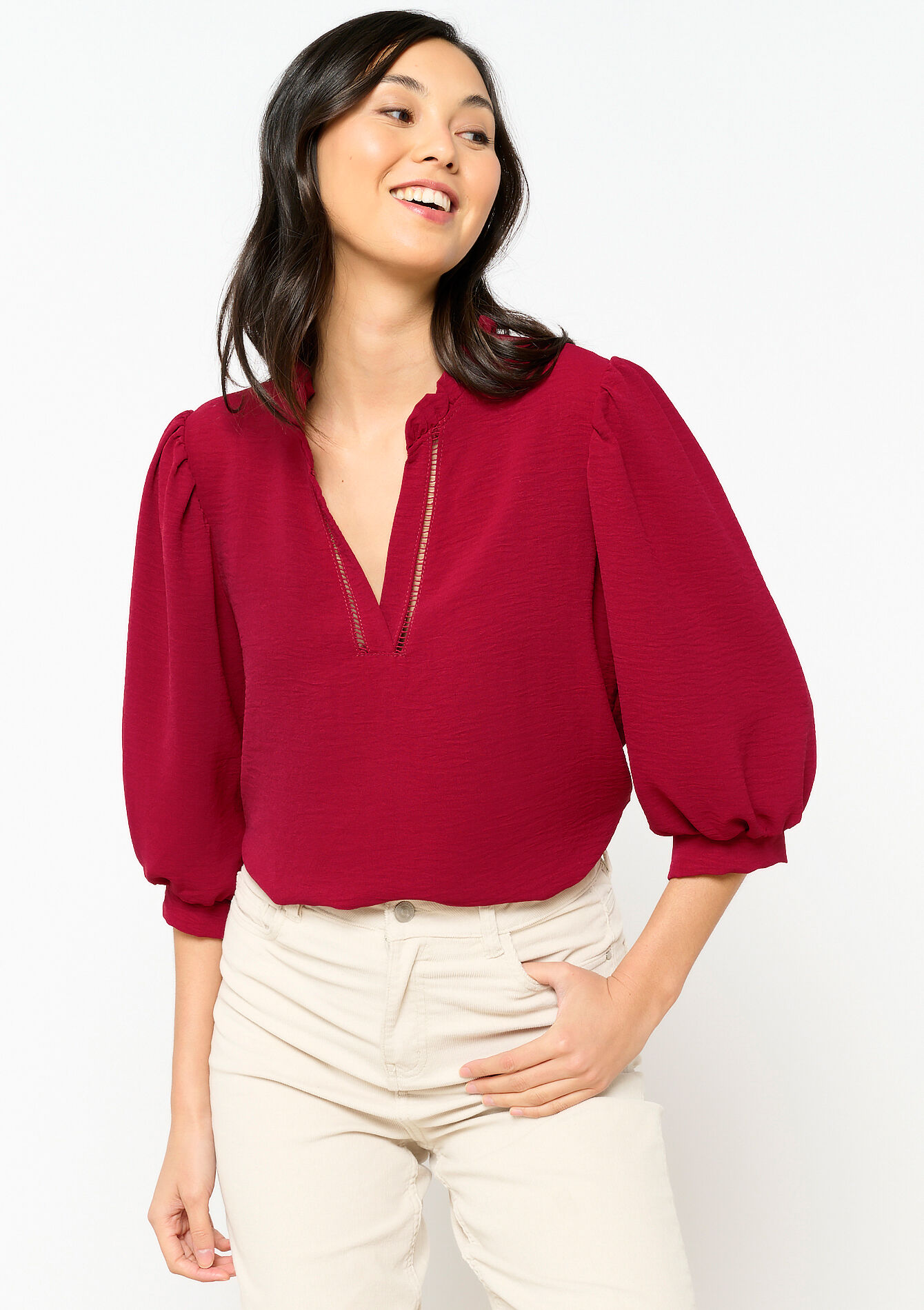 Blouse with puffed sleeves, Blouse with puffed sleeves - BORDEAUX - 05702292_1423