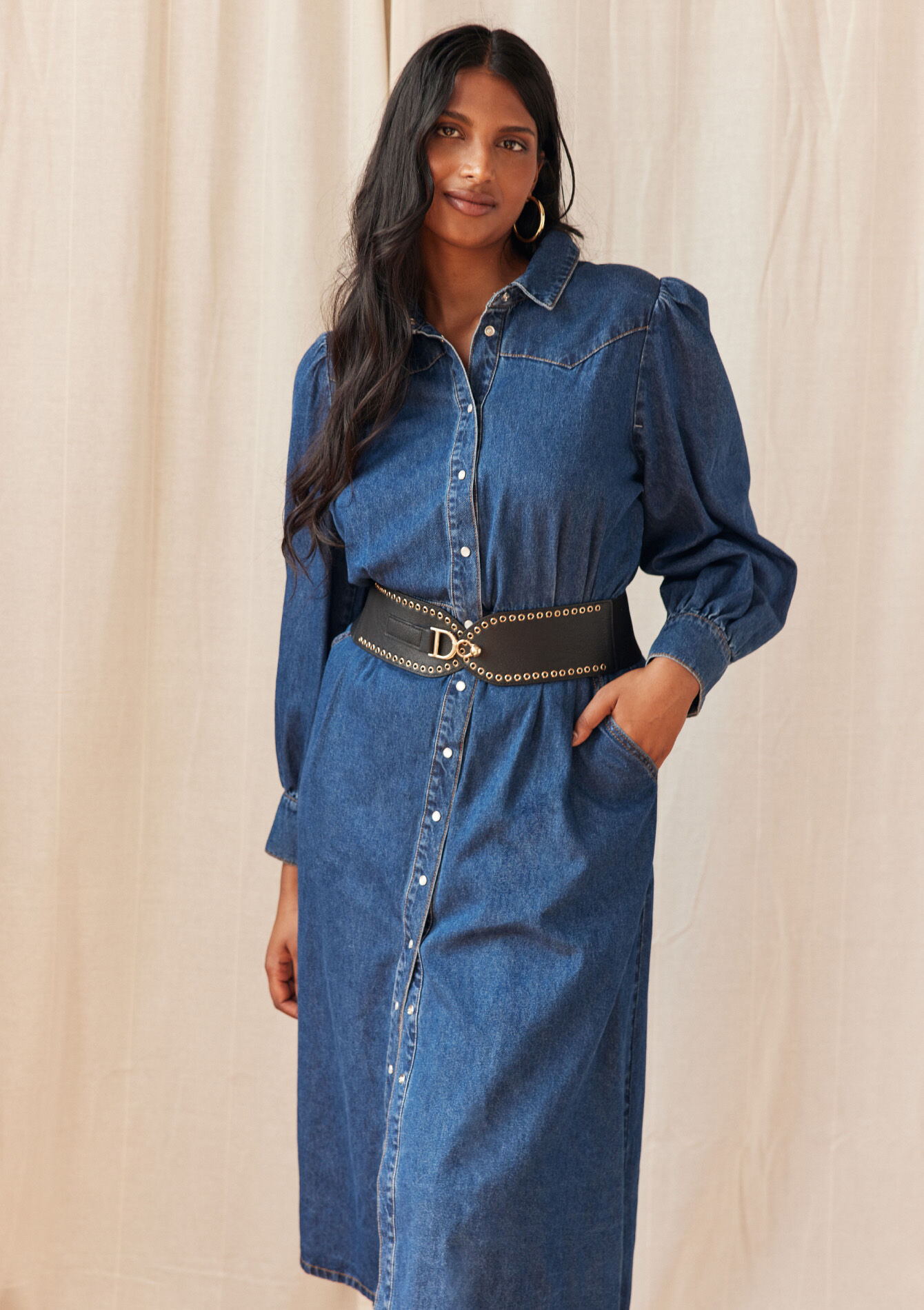 Robe mi-longue en denim avec ceinture - DARK BLUE - 08103716_0501