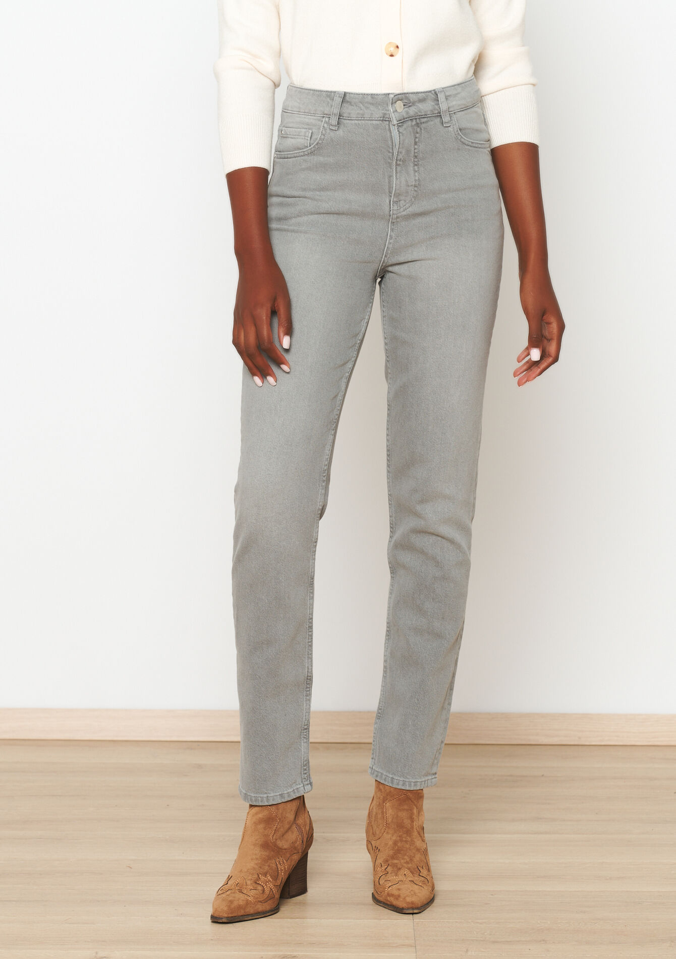 Rechte jeans met hoge taille - LIGHT GREY - 22000554_0511