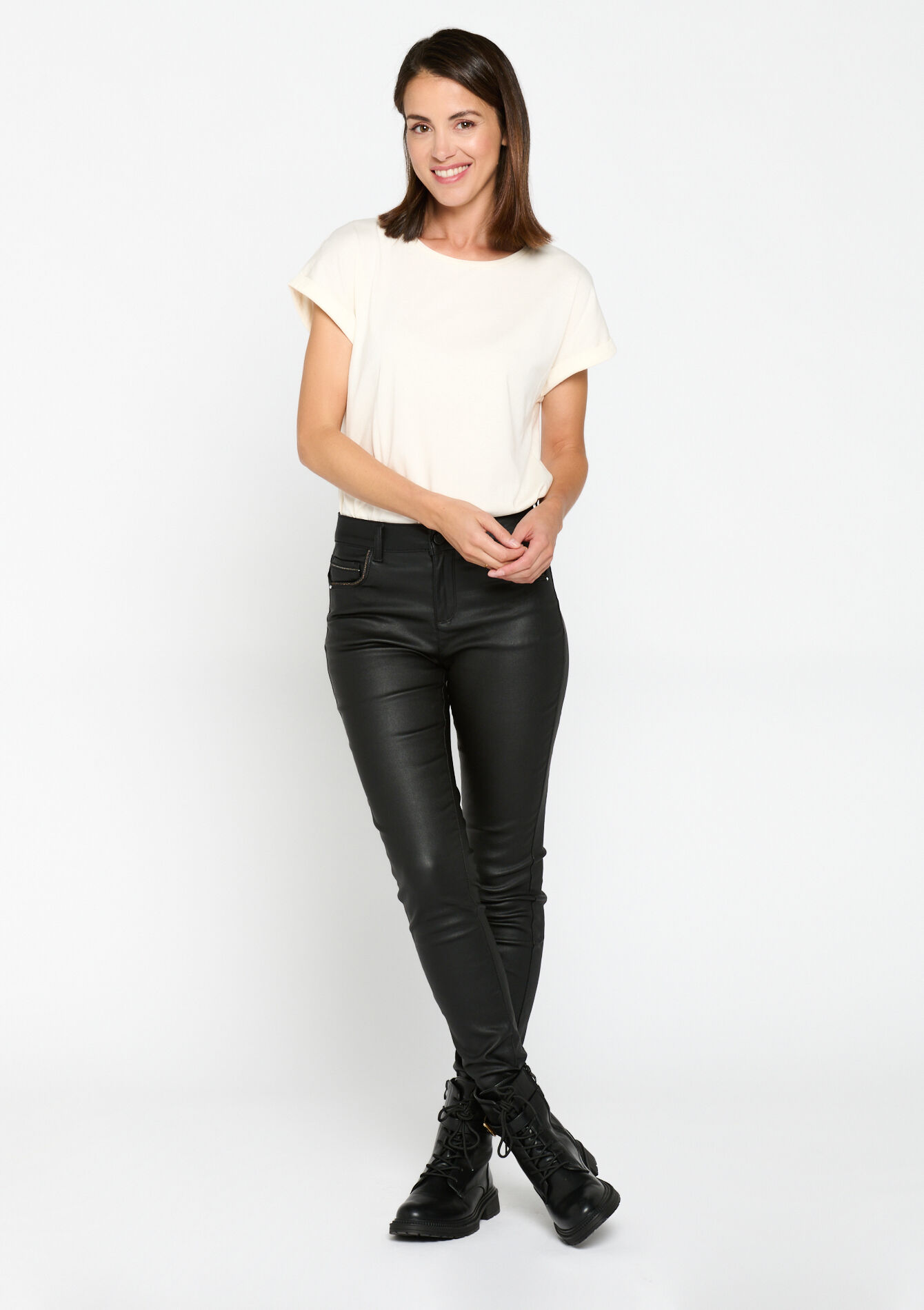 Slimfit trousers with coating, Slimfit trousers with coating - BLACK - 06004377_1119