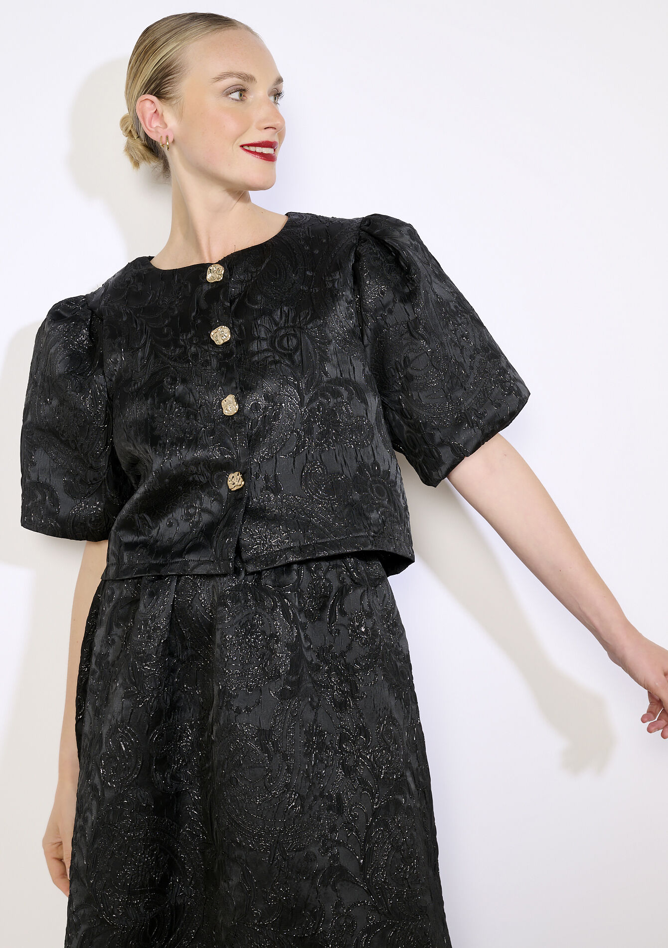 Blouse brocart à manches bouffantes, Blouse brocart à manches bouffantes - BLACK - 05703002_1119